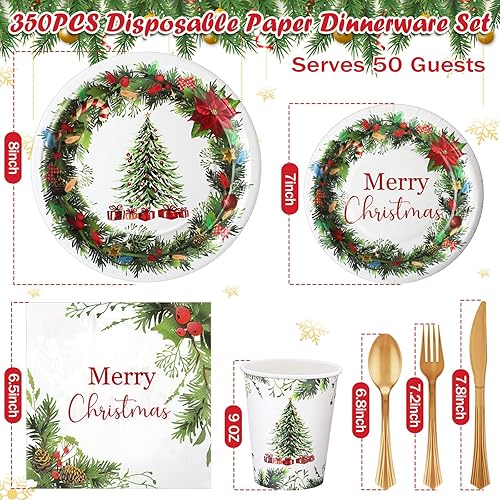 Miniatura 9 de Juego de 350 platos y servilletas de papel de Navidad desechables, vajilla de Navidad, suministros de fiesta, incluye 100 platos de papel, 50 tazas,