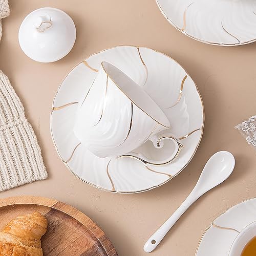 Miniatura 7 de Juego de té de porcelana de 21 piezas con juego de 6 tazas de té y platillos con azúcar y crema y tetera, juego de tetera para adultos, fiesta de té