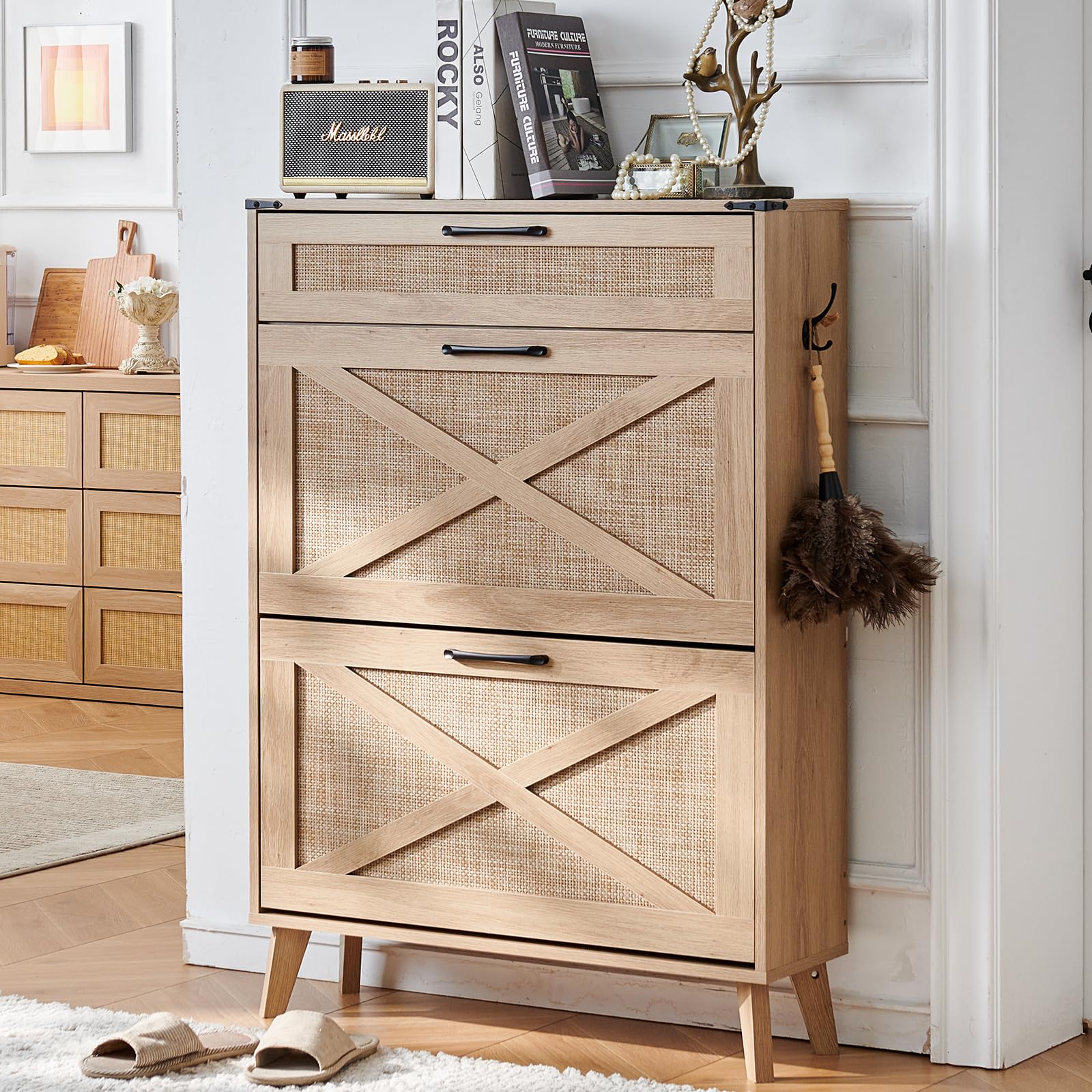 LELELINKY Shoe Storage Cabinet for Entryway with 2 Rattan Flip Drawers, Boho Narrow Shoe Cabinets for 16-20 Pairs Shoes with Large Drawers, Hidden Slim Rack with Wood Legs for Hallway, Natural