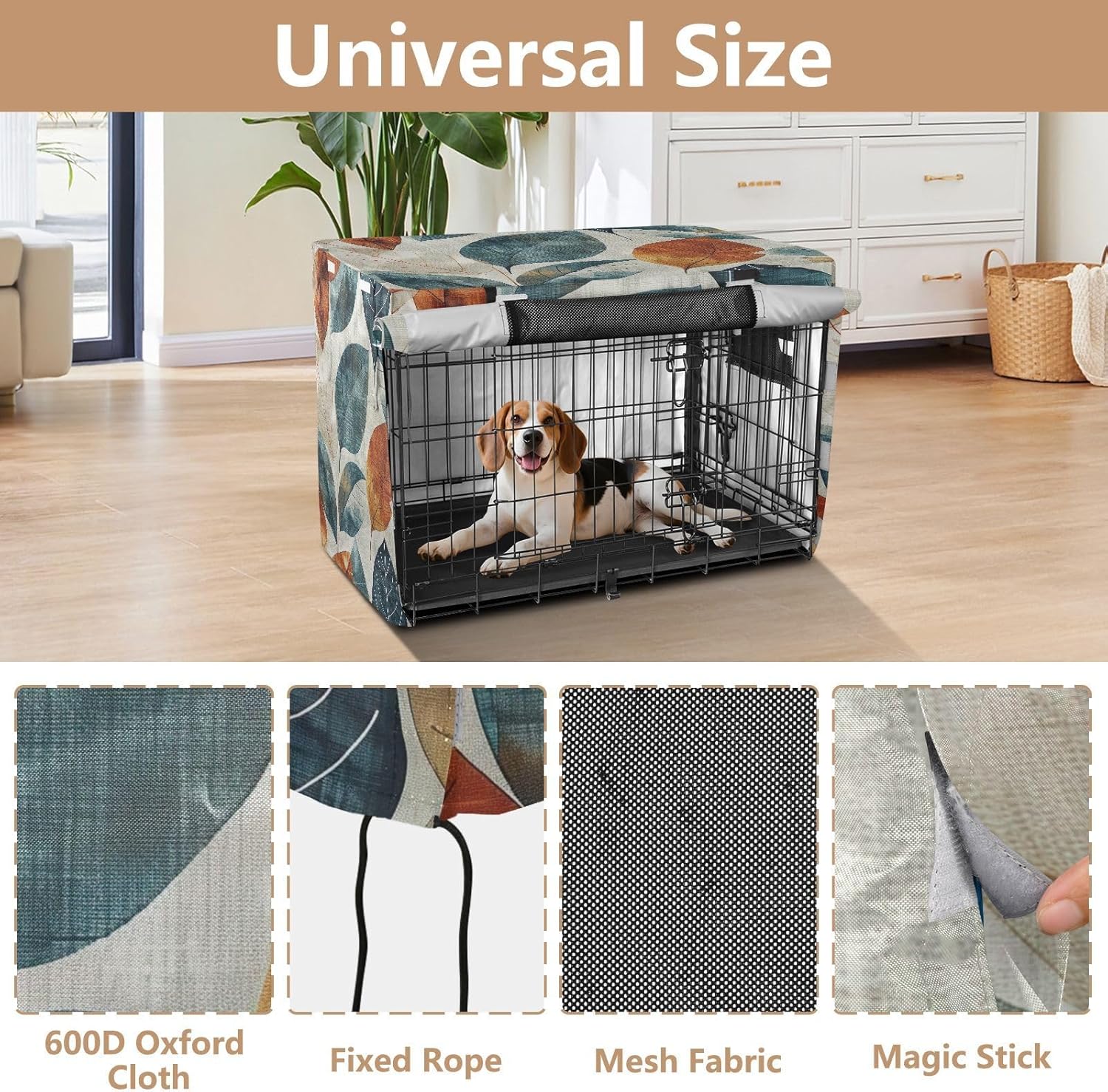 Vintage Leaves Dog Crate Cover Roll-up Sides, Pet Crate Cover with Roll-up Sides, Large