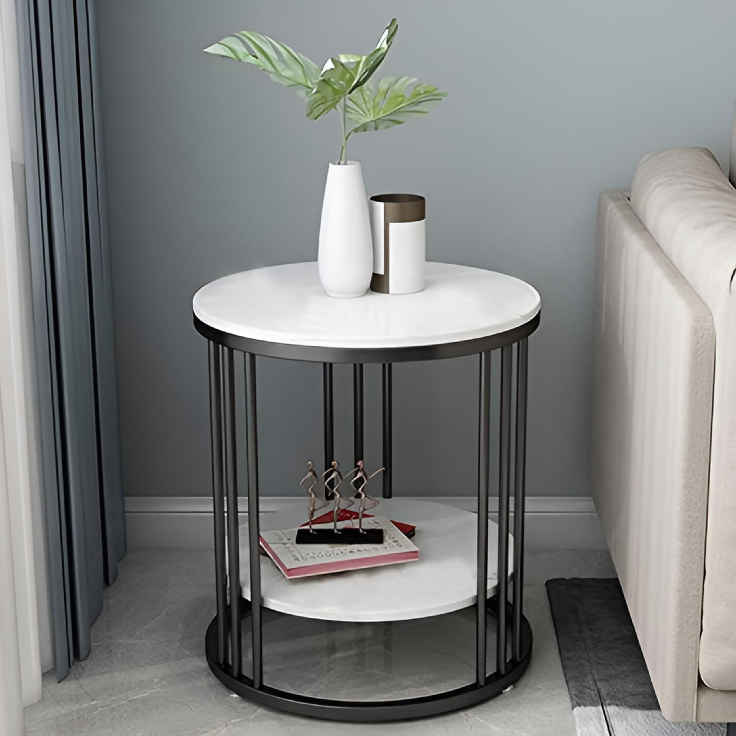 WoodCity Coffee Table Nesting White Golden Frame Circular and Marble Pattern Wooden Tables, Modern Industrial Simple Nightstand in The Living Room, Bedroom, Black White