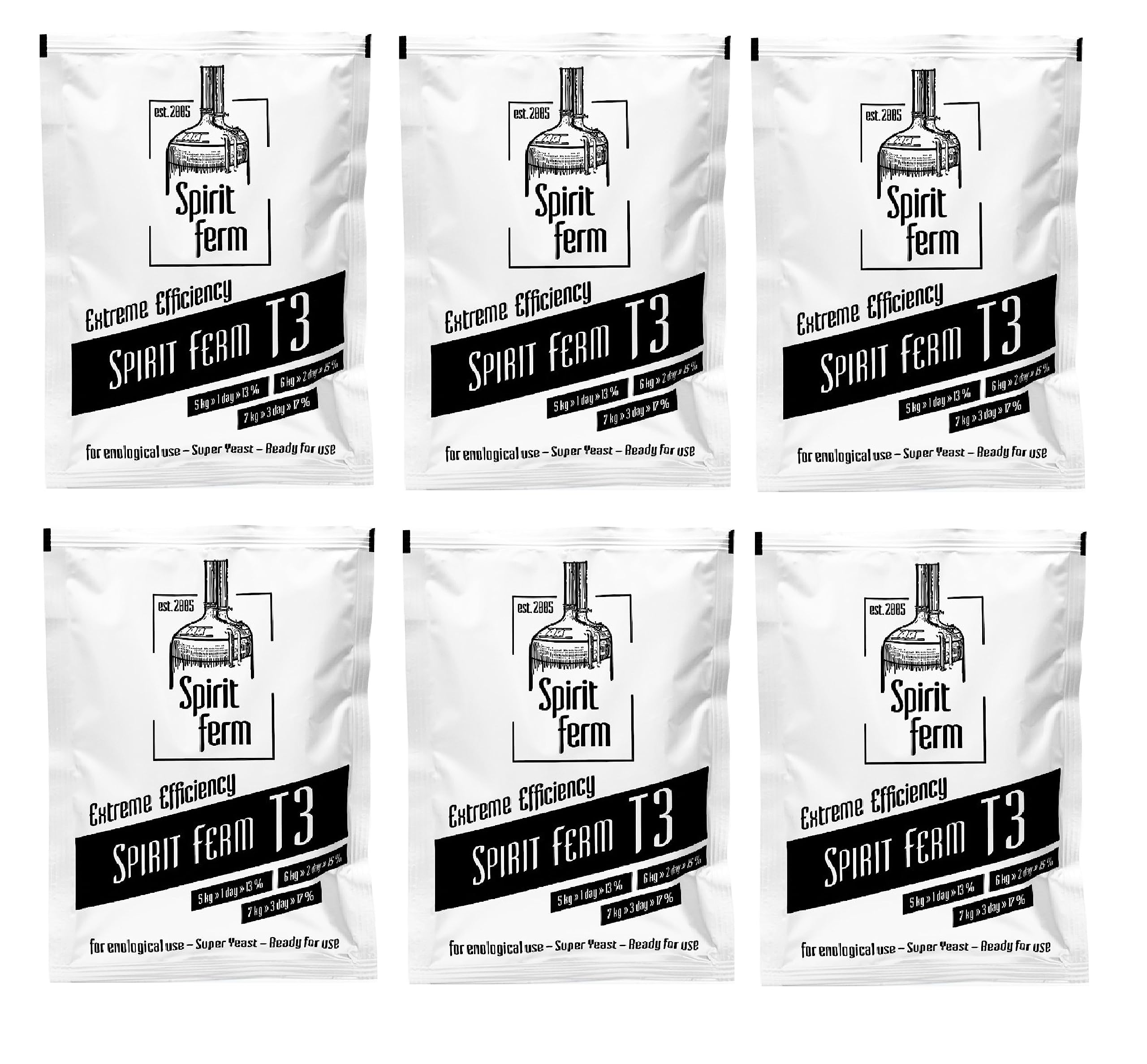 6 x Levure Turbo Spirit Ferm T3 – 125g | Fermentation Rapide jusqu’à 17 % en 3 Jours | Pour 25 L de Moût Sucré