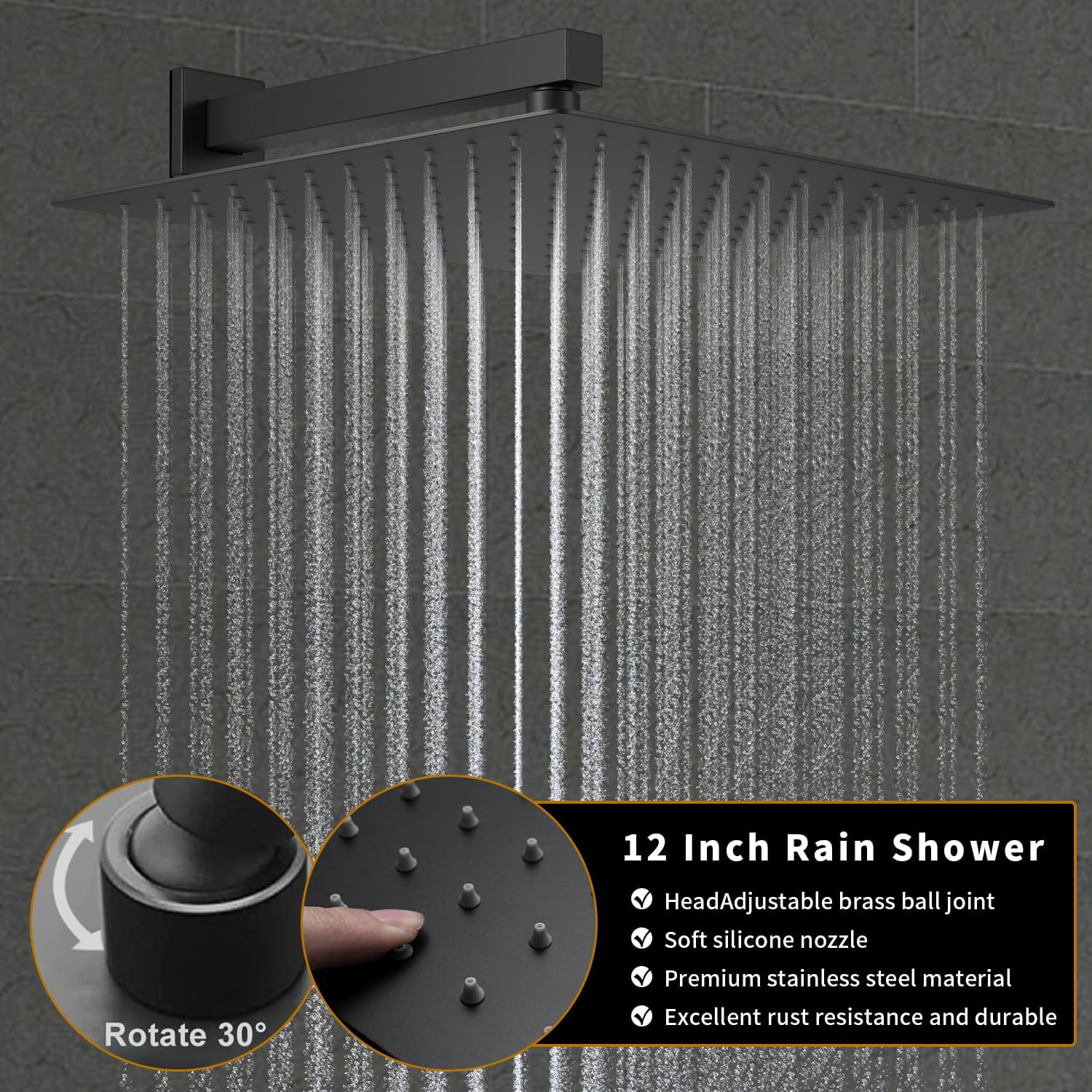 AYIVG Matte Black 12 Inch Rainfall Shower System with 6 Shut Off Body Jets Push Button Diverter Shower Faucet And Handheld Temperature Display Shower Faucet Set Shower Jets System in Wall