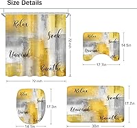 Vista 4 de Juego de 4 Piezas de Cortina de Ducha Amarilla y Gris, Juegos Completos de Baño con Cepillo Abstracto Moderno, Cubierta de Tapa de Inodoro, Tapete