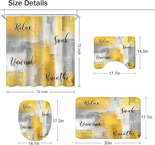 Miniatura 4 de Juego de 4 Piezas de Cortina de Ducha Amarilla y Gris, Juegos Completos de Baño con Cepillo Abstracto Moderno, Cubierta de Tapa de Inodoro, Tapete