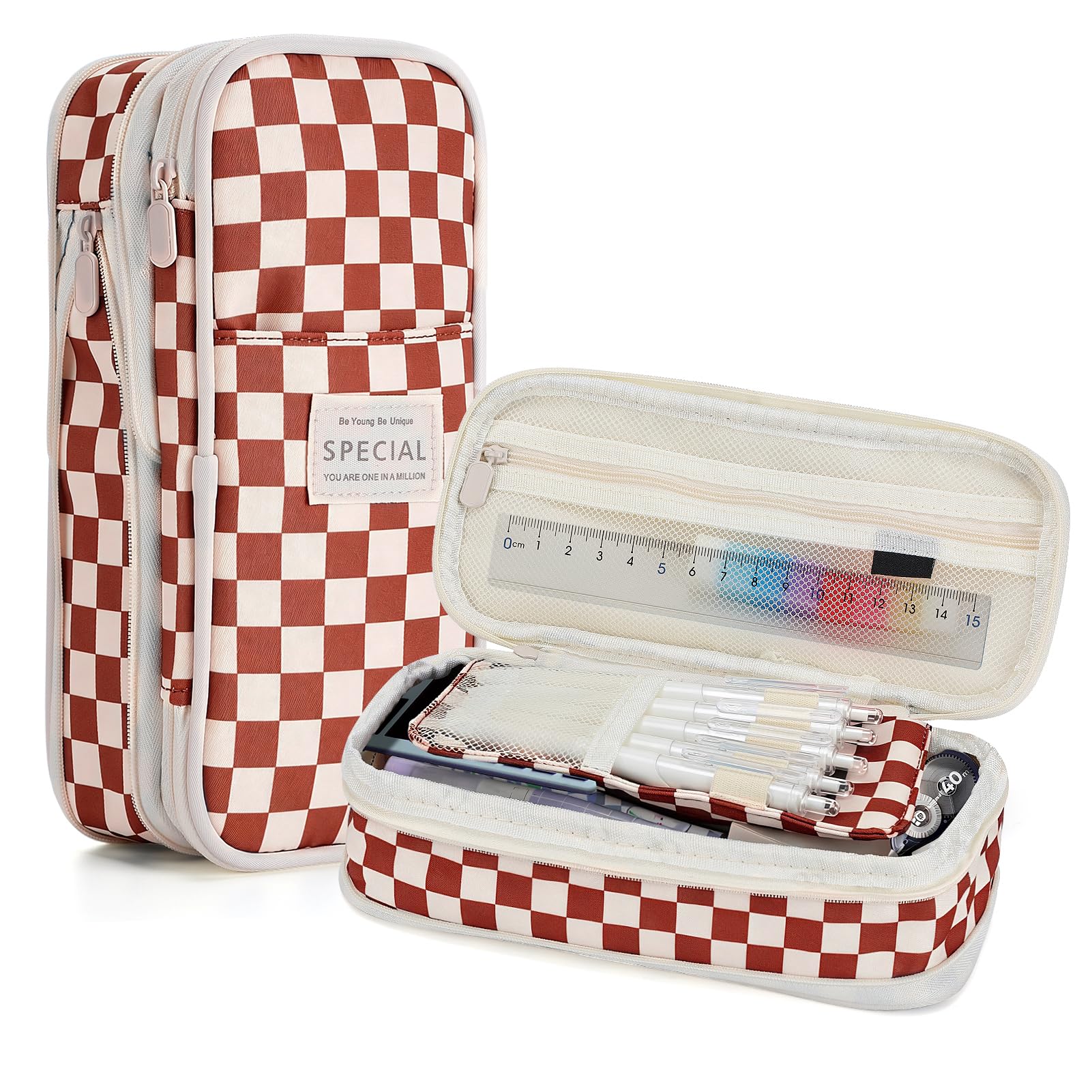 Bigmeta Gingham Expandable Pencil Case for Teens Girls - Caramel