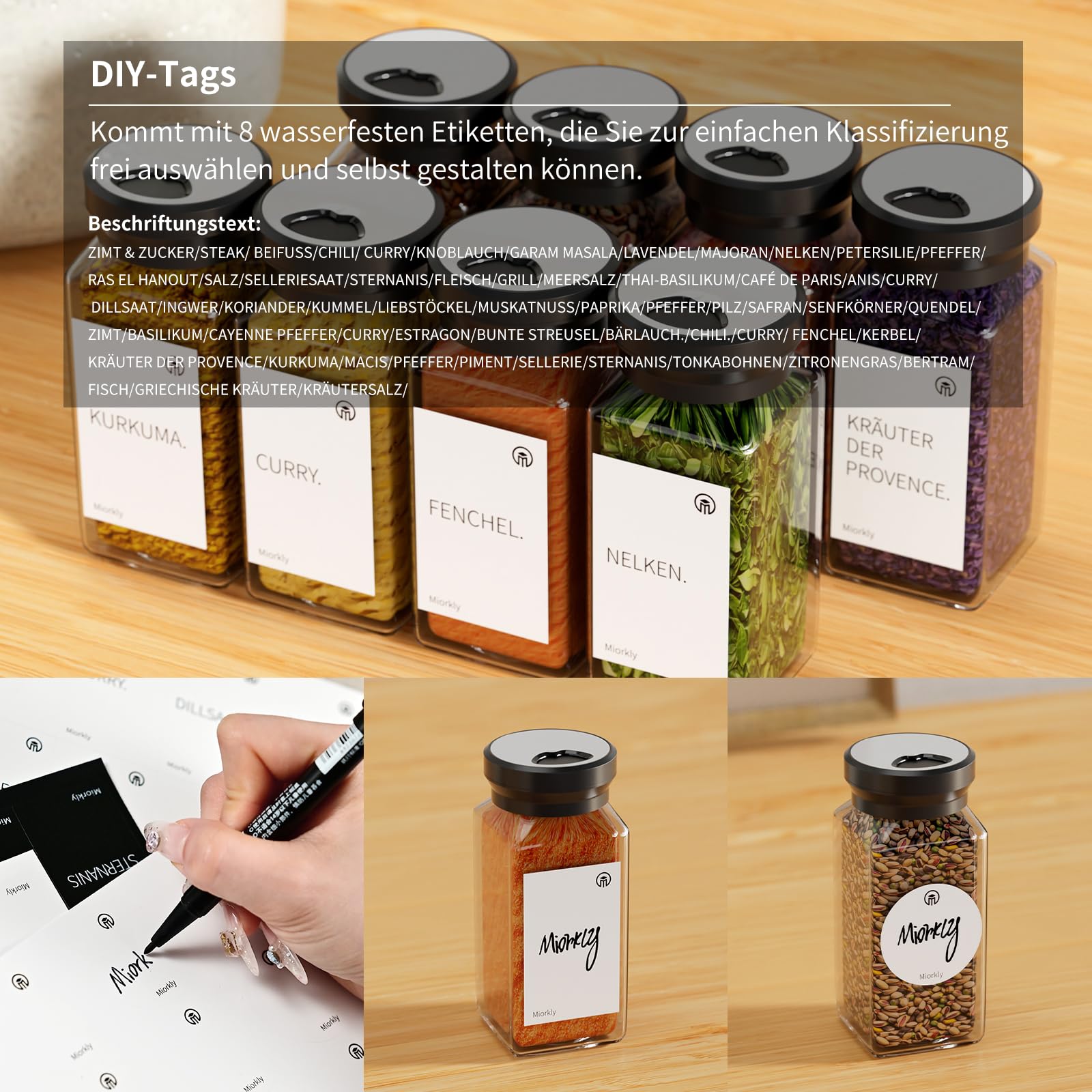 Lot de 24 pots à épices carrés - 120 ml - Avec insert à saupoudrer - Avec couvercle rotatif rond - Joint solide - Organiseur à épices en acier inoxydable avec entonnoir, étiquette et stylo