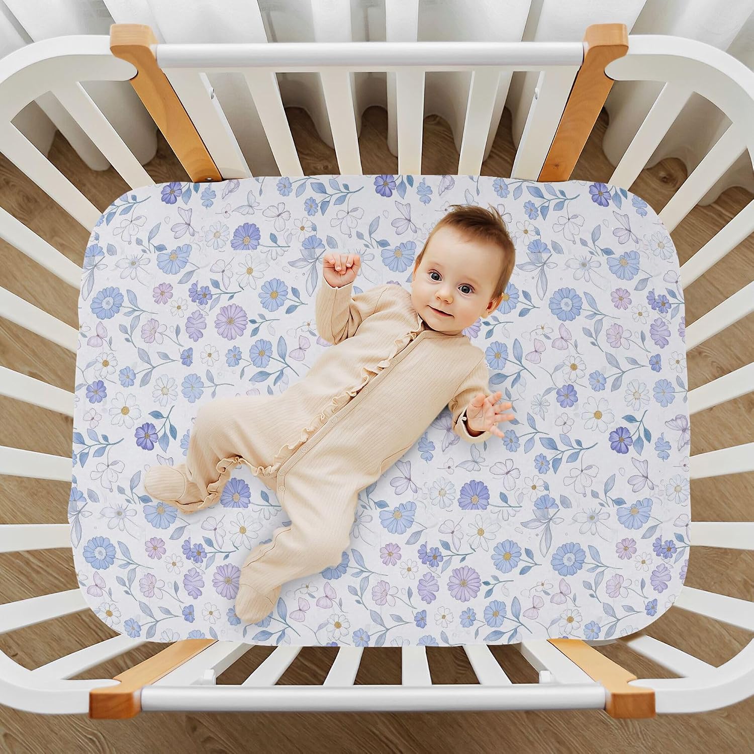 Purple Butterfly Floral Baby Crib Sheets 52'' x 28'' Breathable Kids Boys Crib Bedding Sets for Baby Bedding