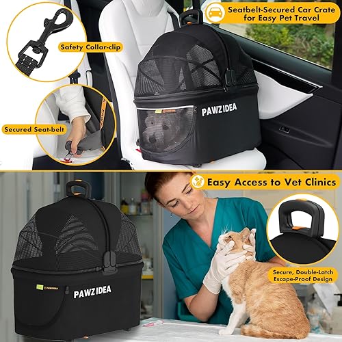 Miniatura 3 de PAWZIDEA Cochecito doble para mascotas con 2 transportadores desmontables, jaula portátil para perros para viajes en automóvil y transportador