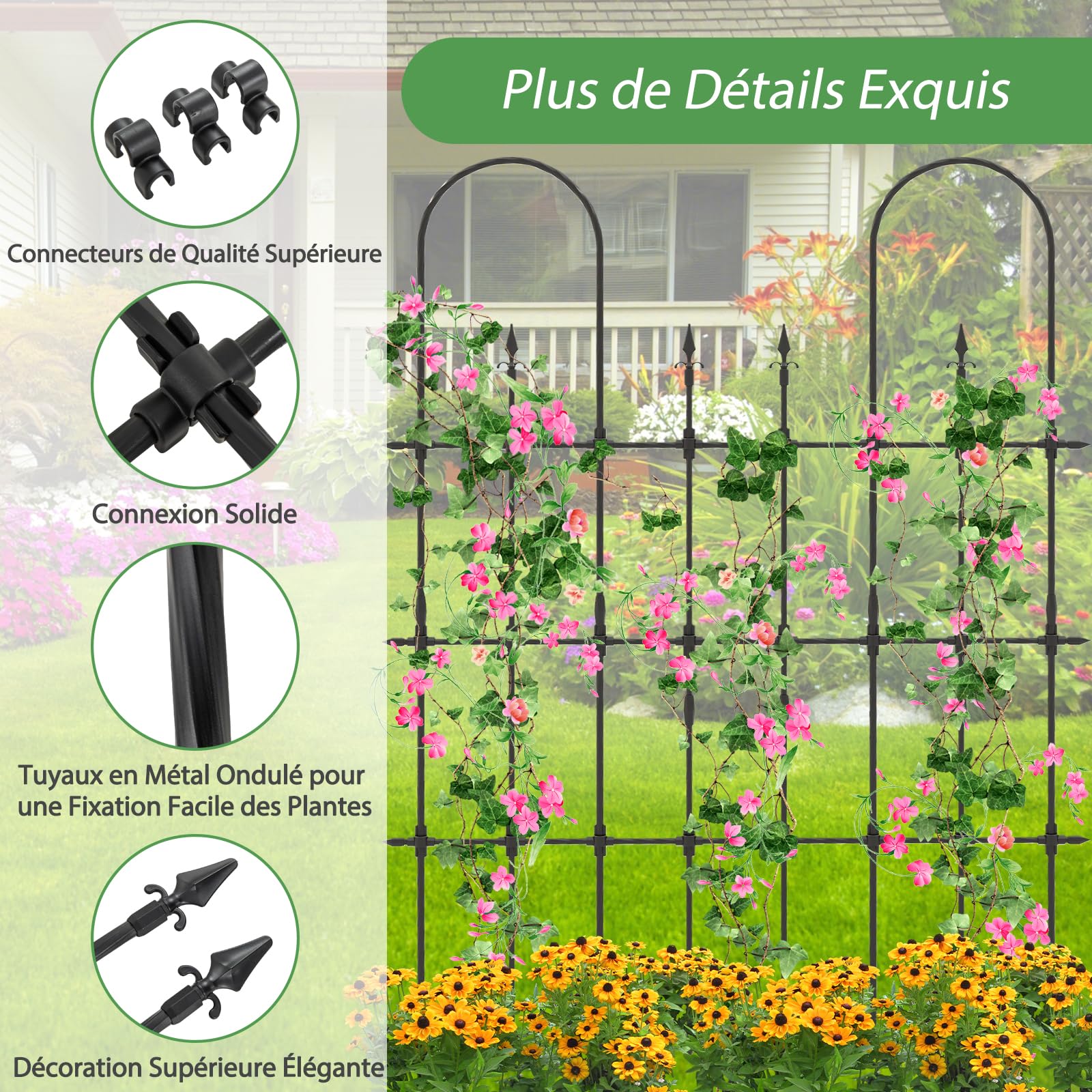 GOPLUS Treillis Jardin pour Plantes Grimpantes, Support de Plantes en Métal avec Revêtement en PE et Piquets Aiguisés, pour Plantes, Légumes, Fleurs, Vignes 147 X 186 CM