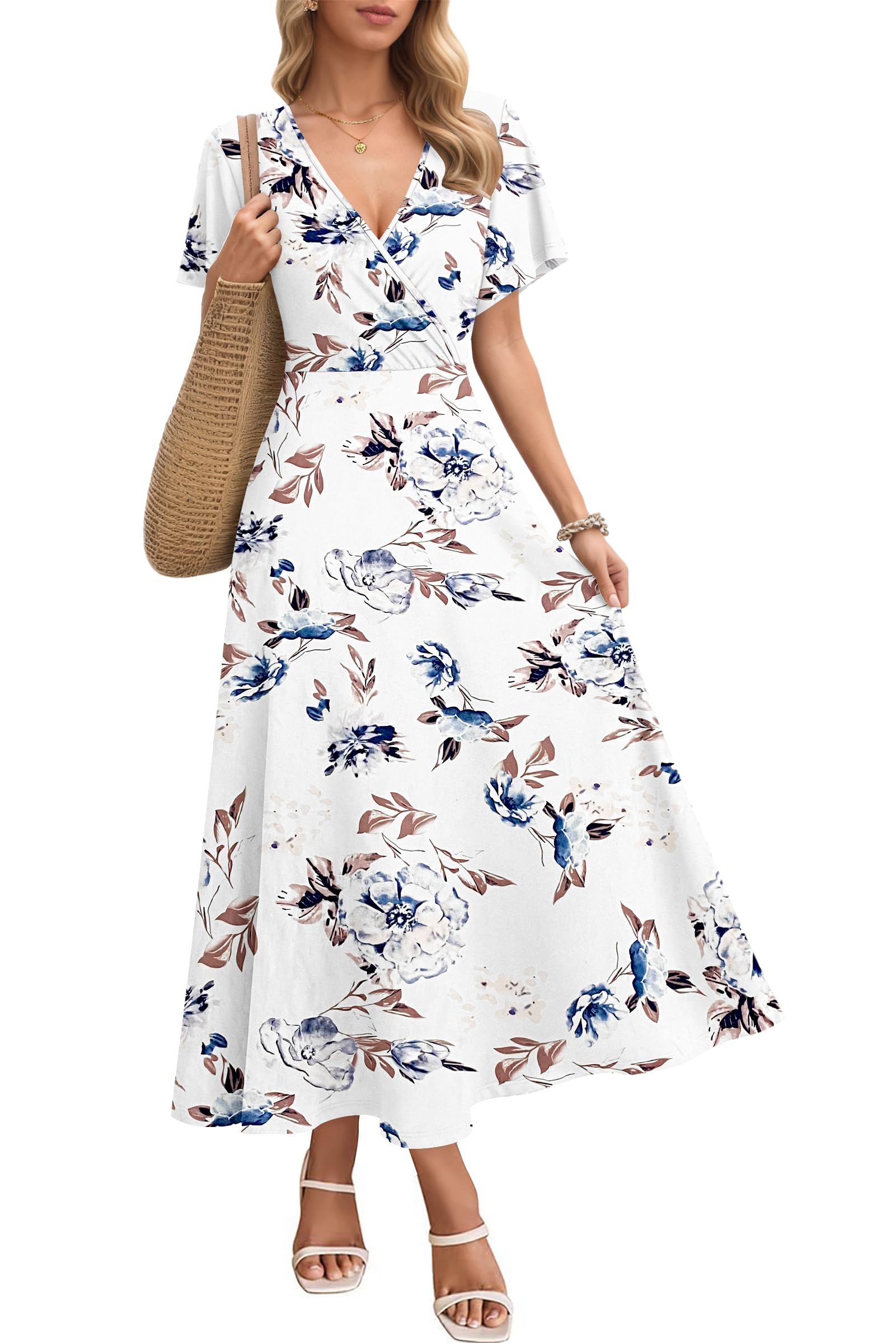 AUSELILY Maxikleider Damen Sommer Kleid Lässig Hohe Taille Lockere Passform Mit Taschen