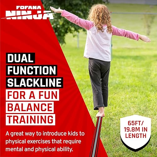 Miniatura 8 de FOFANA Carrera de obstáculos Ninja Warrior para niños con polea deslizante (65 pies con rueda)