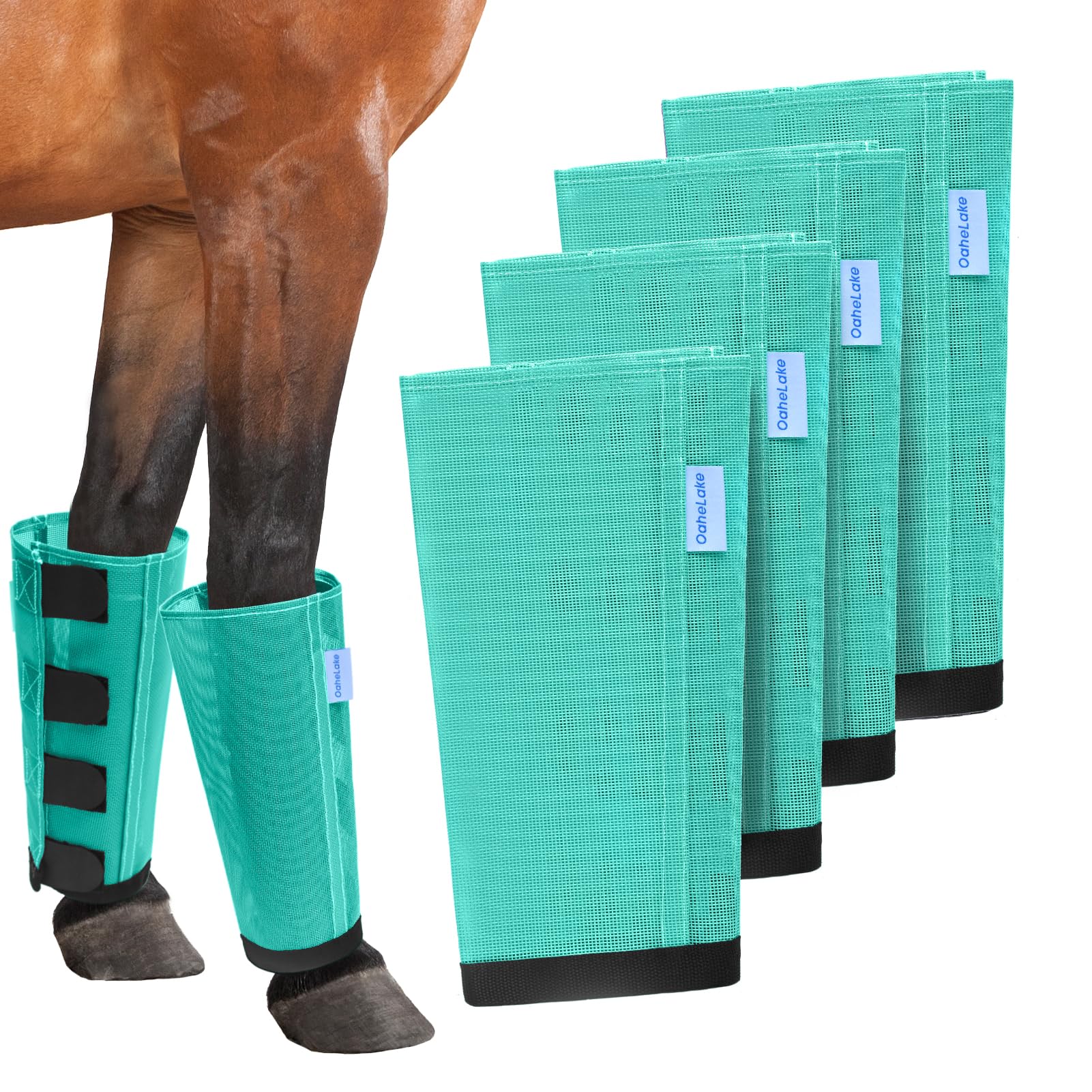 Mesh Horse Fly Boots Set of 4, Loose Fitting Leggings for Horses, Reduce Stressful Stomping, Breathable Adjustable and Universal Fit for 4 Legs, Reliable Stay Put (Mint)