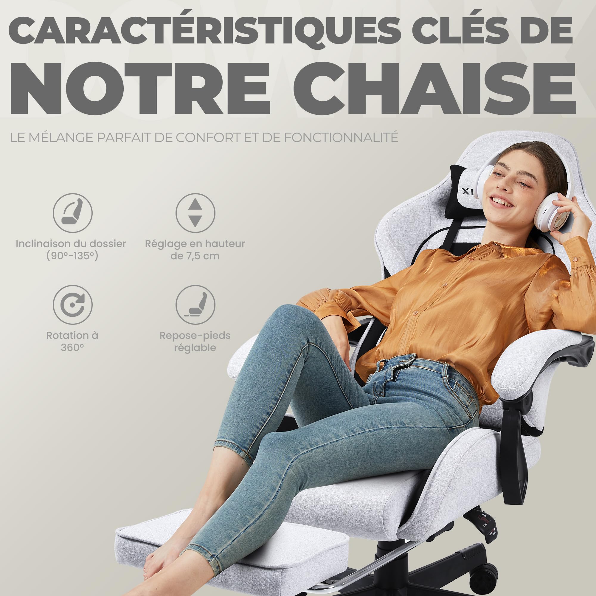 Dowinx Chaise Gaming Ergonomique, Fauteuil Gamer en Tissu Respirant avec Coussin Confortable à Ressorts Ensachés, Siège Gaming avec Appui-Tête et Repose-Pieds Rétractable, 150 kg, Noir et Gris