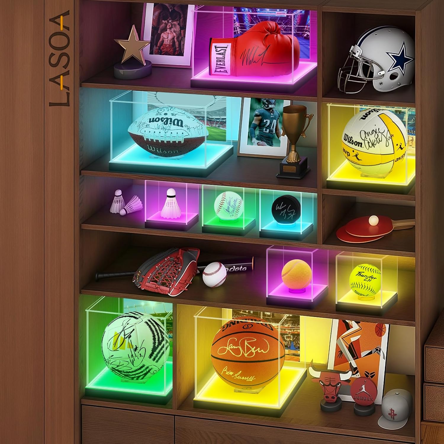 LASOA Soccer Display Case with RGBW LED Light, Self-Assembly Acrylic Display Box for Memorabilia, UV Protection Dust Proof for Full Size Autographed Ball with Ball Stand and Photo Holder