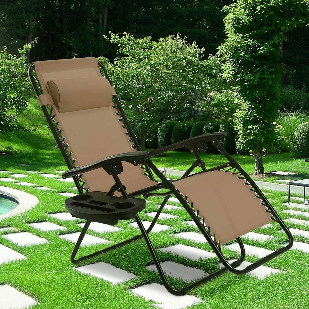 2PCS Outdoor Zero Gravity Chair Set, Reclining Chair w/Adjustable Backrest & Removable Pillow, Relaxing Lounge Patio Folding Recliner w/Cup Holder for Backyard/Beach/Poolside (Brown)