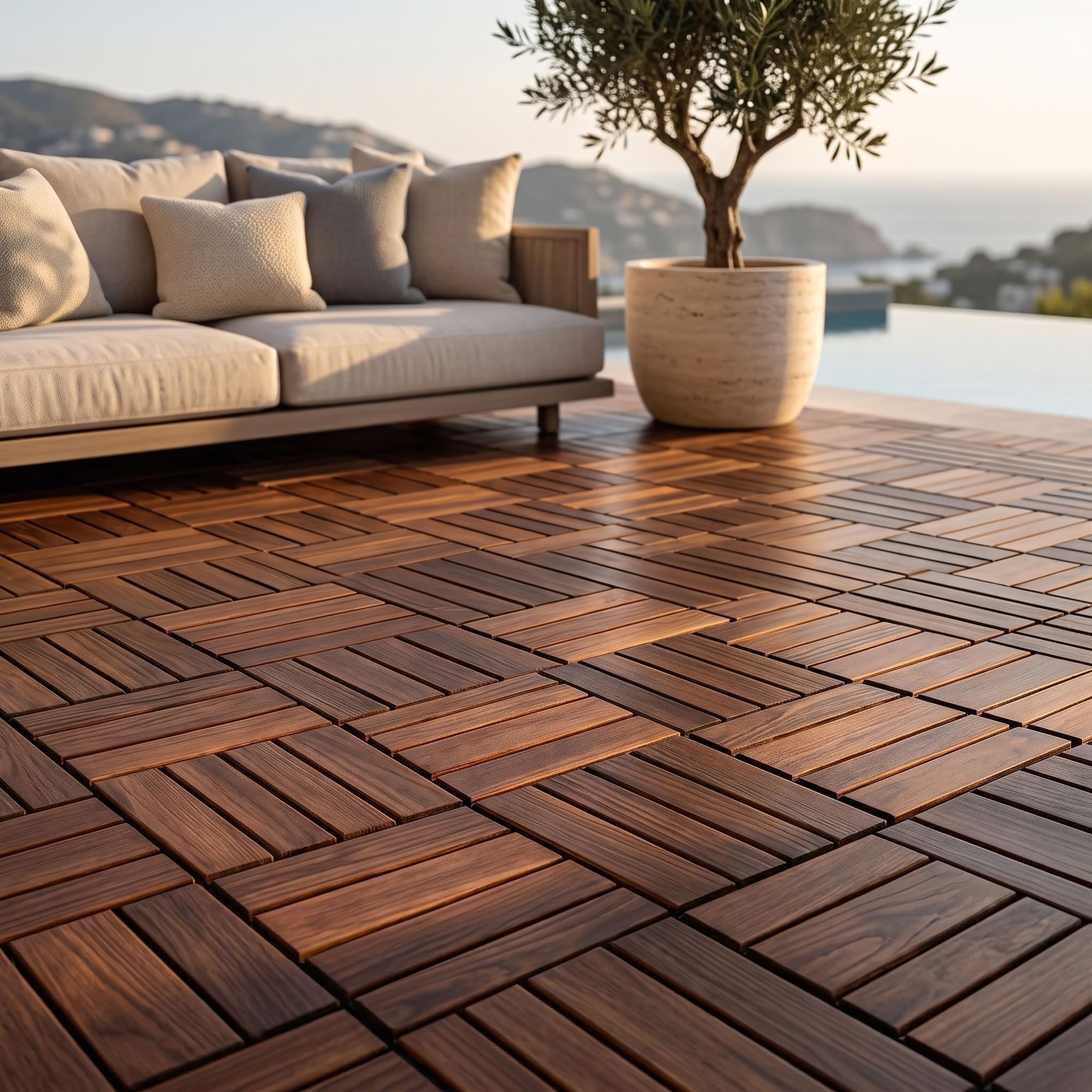 Frankystar Lyva – Suelo de exterior con clip, 30 x 30 cm, 10 azulejos para jardín, patio, terraza, suelo de madera de acacia