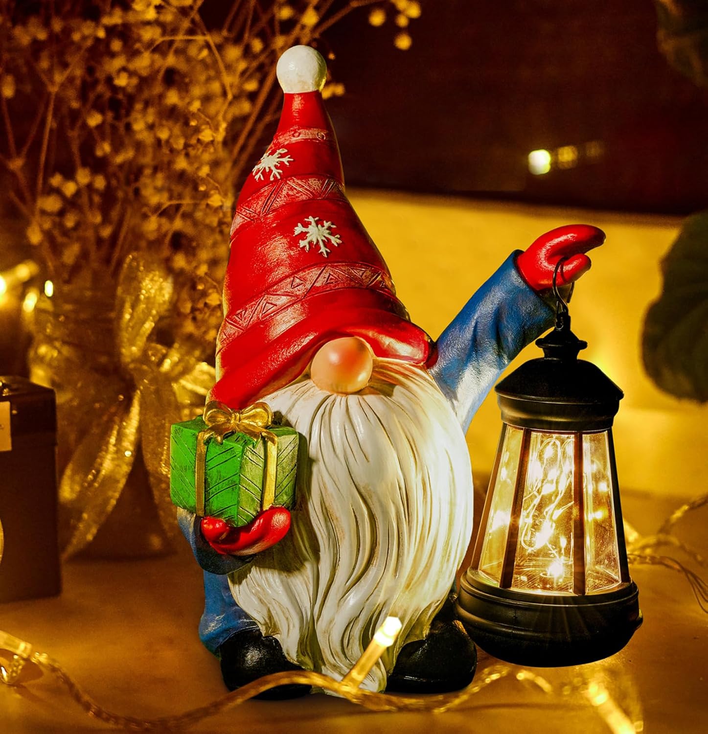 Solar Christmas Santa Hat Gnome Outdoor Statue with LED Lantern - Winter Xmas Holiday Porch Yard Home Decor Gardening Gift