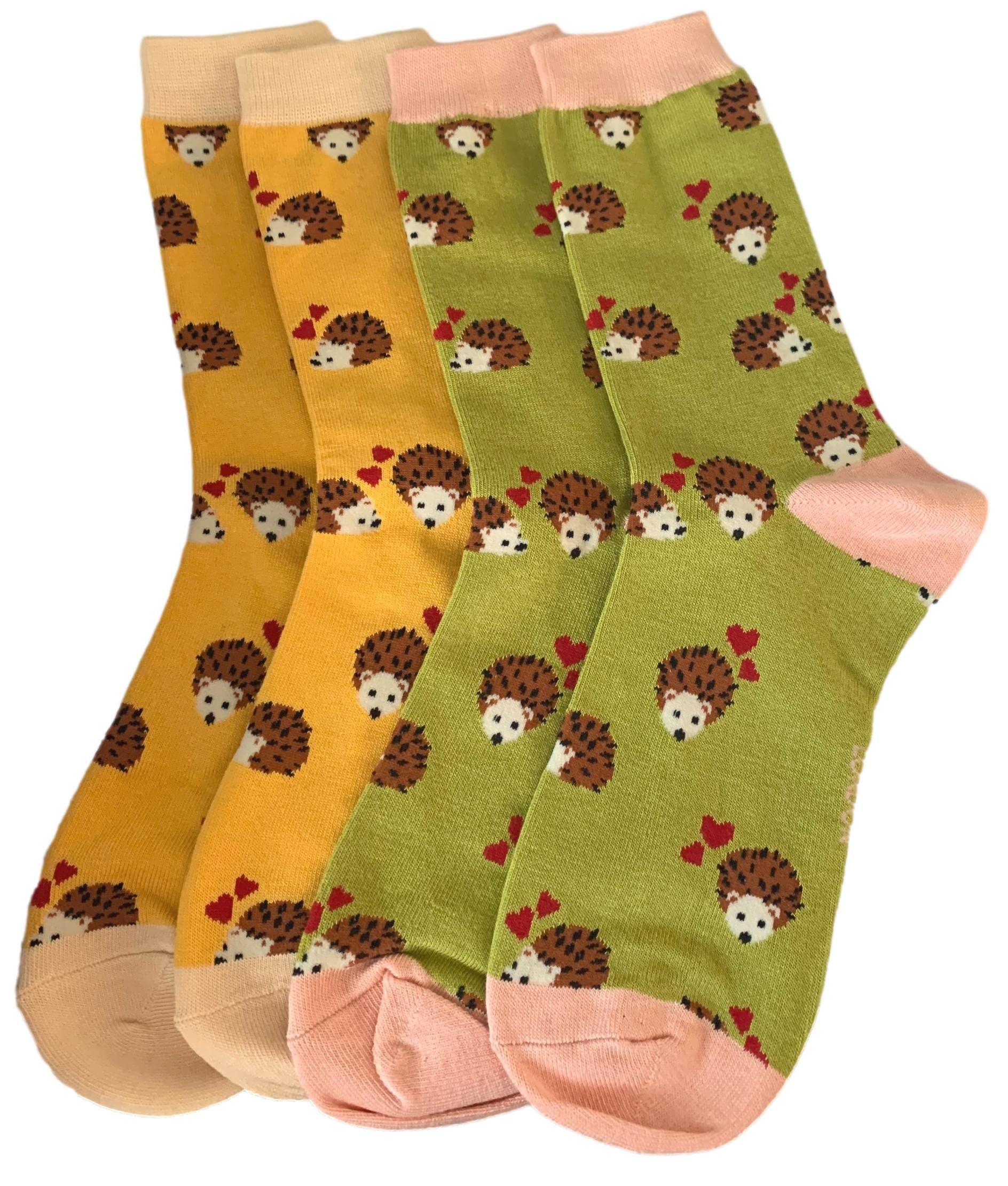 Women's Green, Yellow, Lime Lime Green Purple Possum® Hedgehog Socks Cute Hedgehogs Love Hearts 2 Pair Pack Yellow Green Bamboo Cotton Blend Socks
