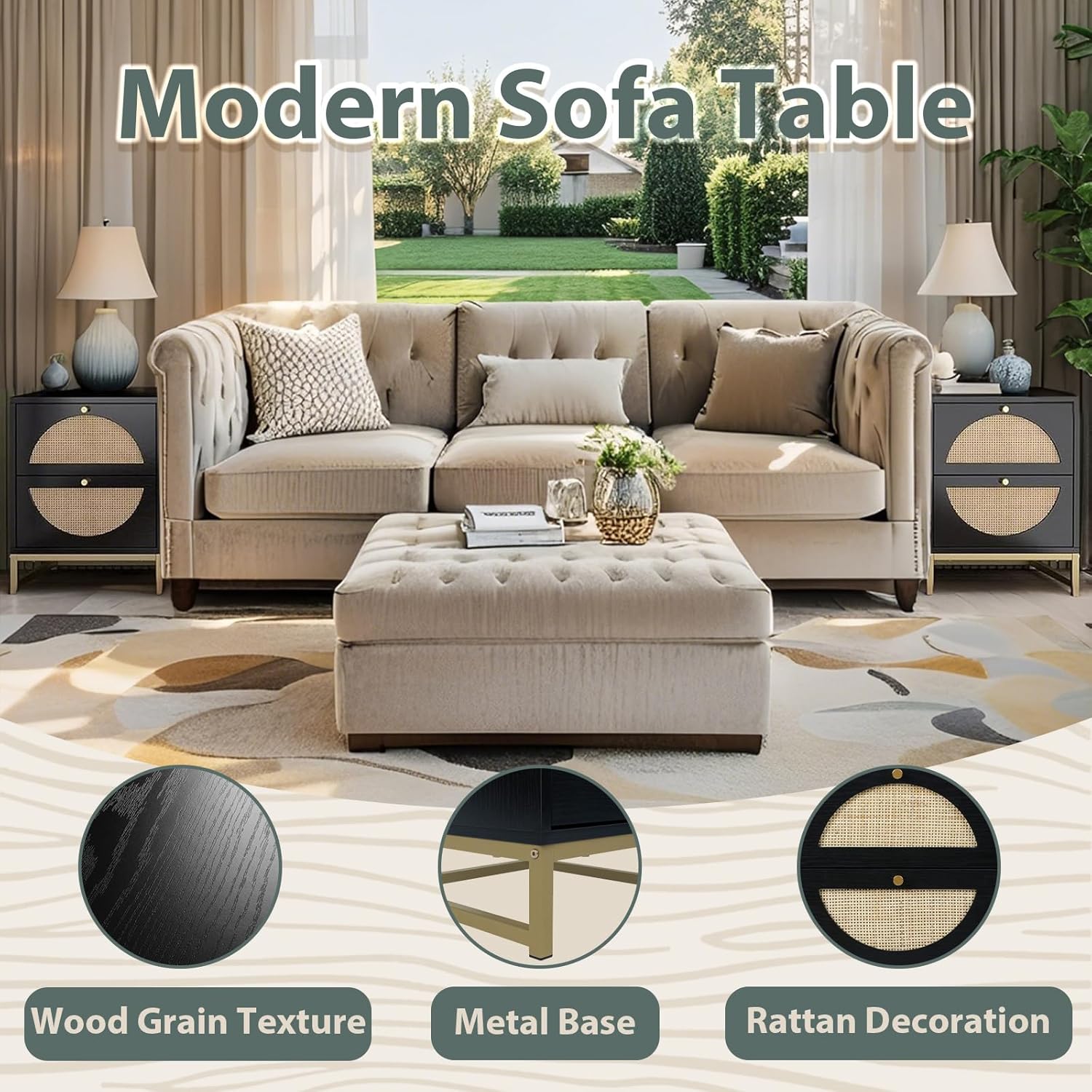 vistavie Boho Black Nightstand with 2 Drawers, 15.7" Rattan End Table, Mid-Century Modern Wood Bedside Storage Cabinet with Gold Pulls & Metal Legs for Bedroom Living Room (Set of 1)