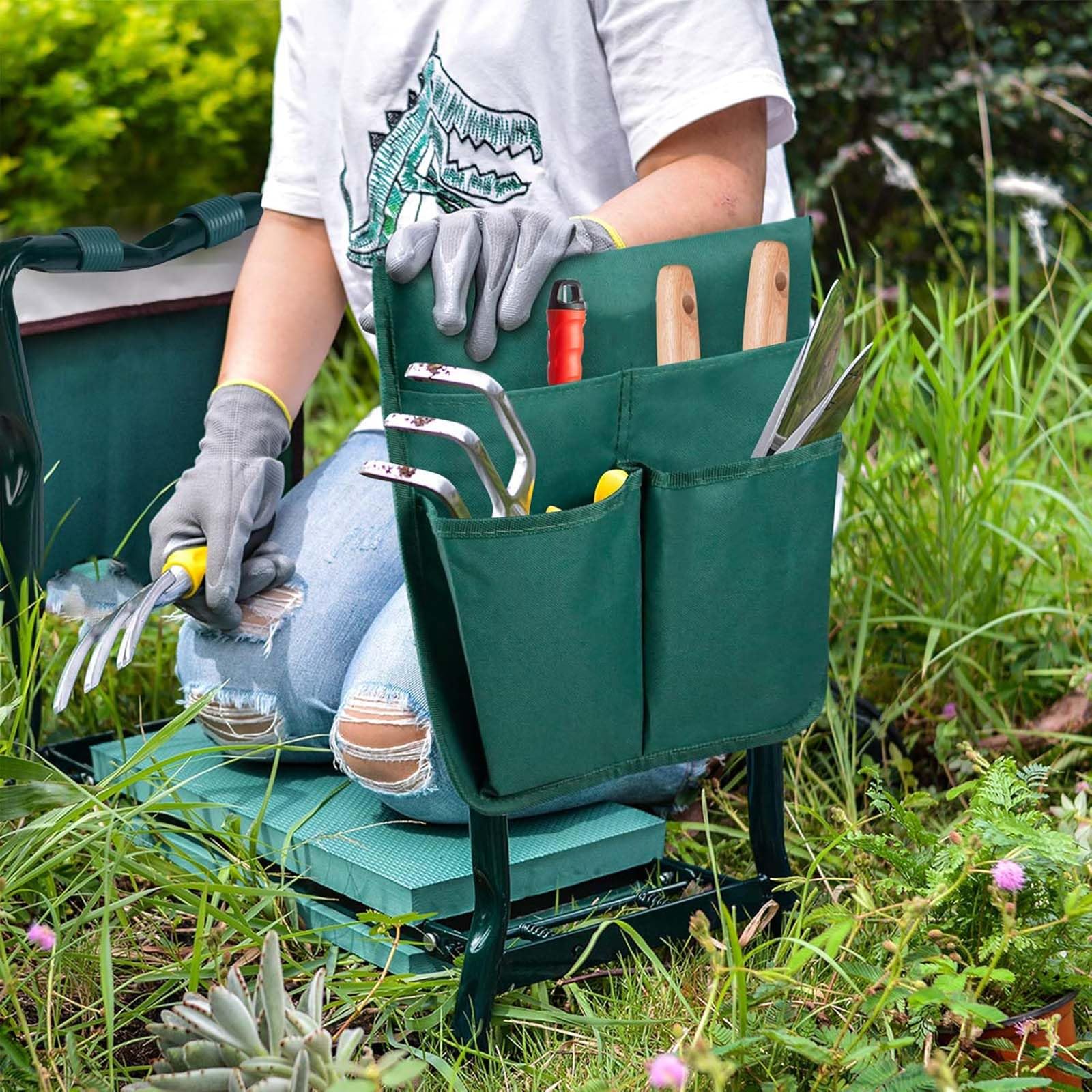 Gartenhocker Kniestuhl Kniebank für gartenarbeit Kniekissen Gartenbank 2 in 1 mit Eva-Schaumkissen und Werkzeugtasche Kniestuhl Kniehilfe Arbeitshocker für Garten 57x44x30 cm (Grün Gartenhocker)