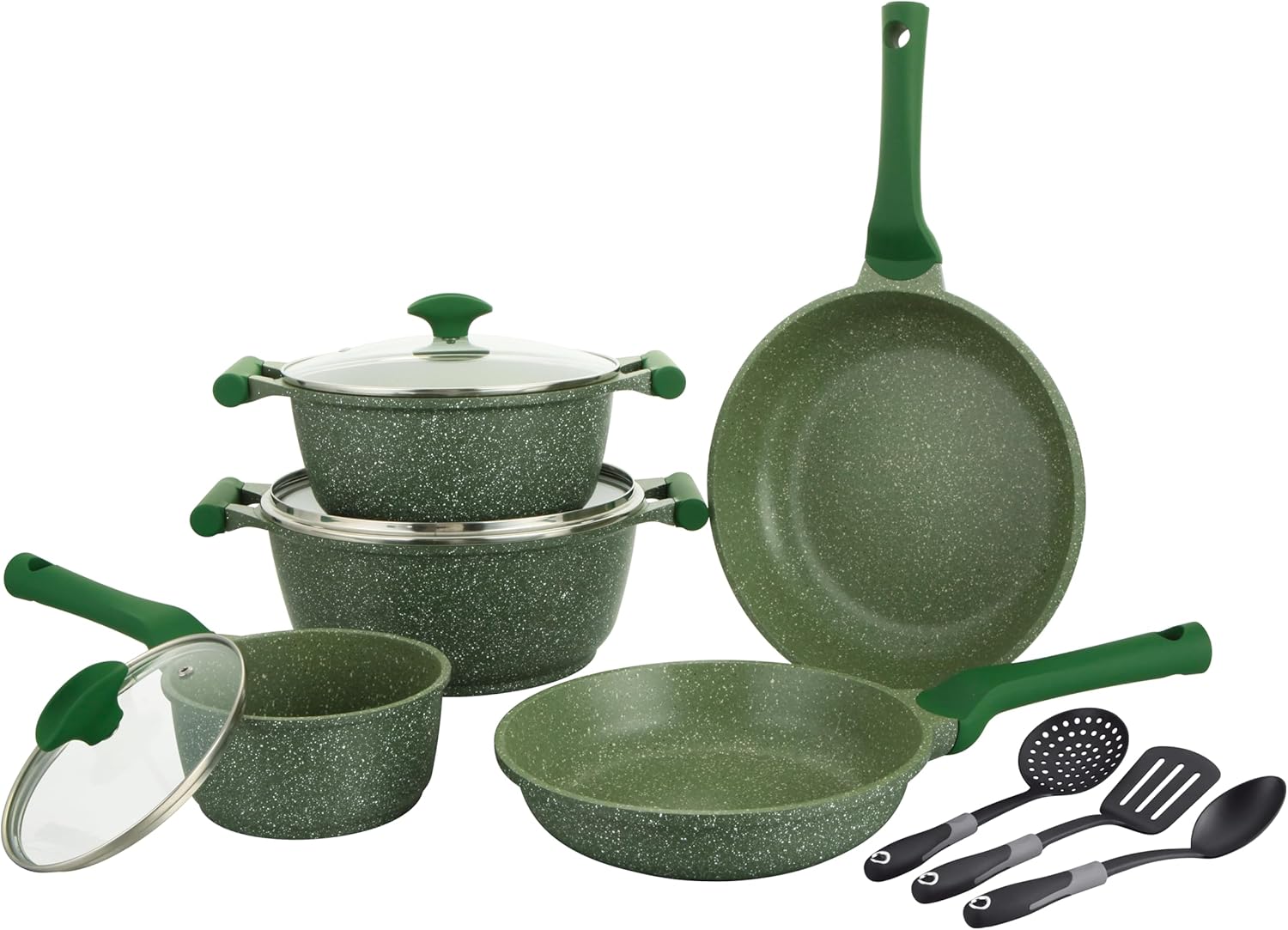 Prestige Essentials Nonstick Pots and Pans Set | Induction Cookware Set 11 Pieces | Non Stick Set Combo | Granite Cooking Set | Fry Pan Non Stick Combo Set | Green – PR80986