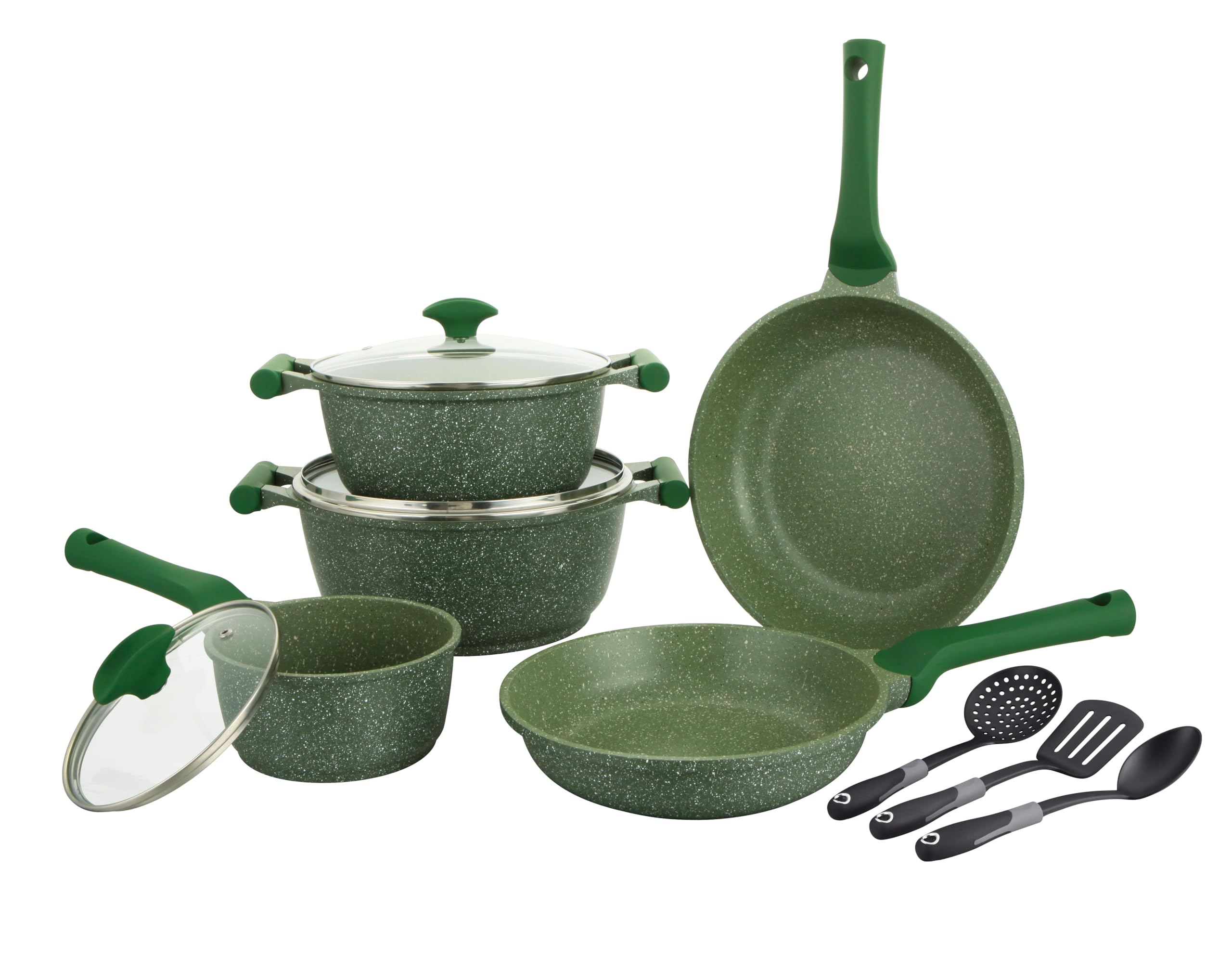 Essentials Nonstick Pots and Pans Set | Induction Cookware Set 11 Pieces | Non Stick Set Combo | Granite Cooking Set | Fry Pan Non Stick Combo Set | Green - PR80986