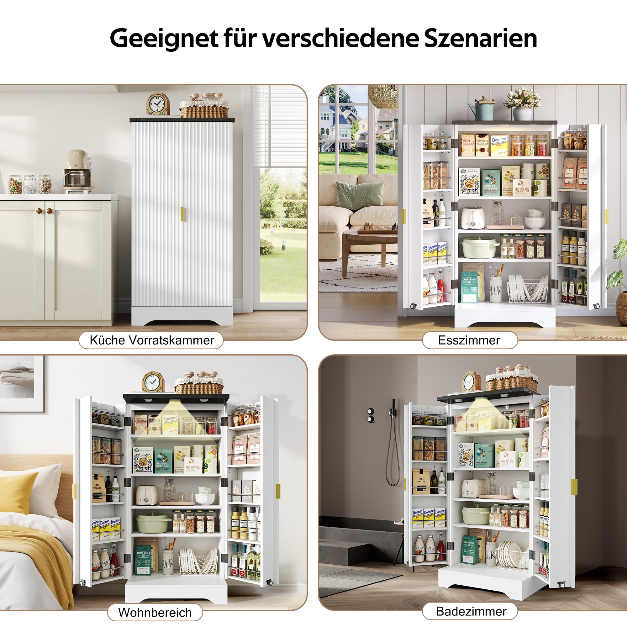 Küchenschrank mit Gewürzregal – Moderner Doppeltür-Hochschrank 120x60.5x40cm, Verstellbare Regalböden, Holzmaserung-Finish, Stauraum für Küche & Esszimmer (Weiß)