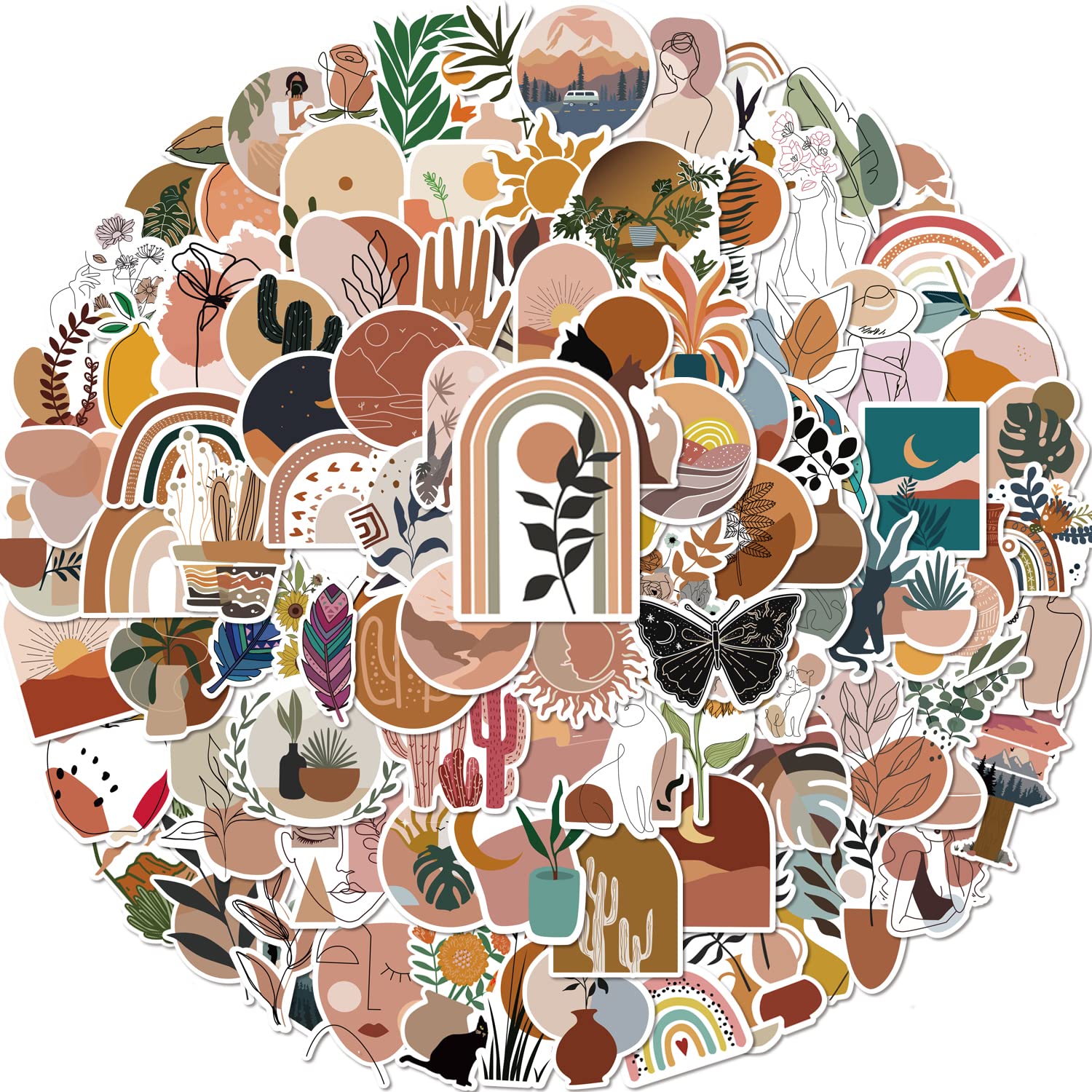 100 Pieces Boho Aesthetic Stickers Line Art Decor for Water Bottle, Phone, Laptop, Skateboard Stickers for Women Teens Girls