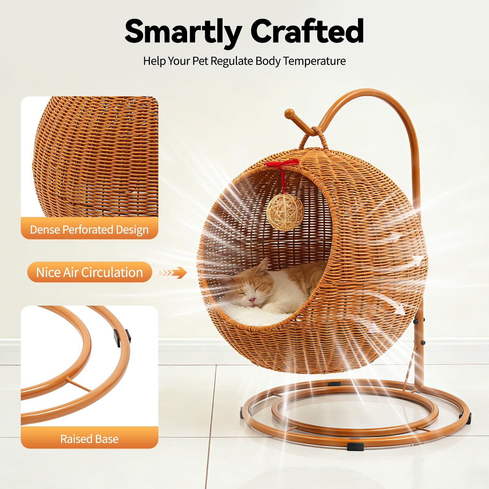 Treeisland Katzenschaukel freistehend mit Kissen und Kratzbrett Gelbbraun | Katzenruheplatz, PP Imitation Rattan, 7,5 Kg Belastbarkeit, für entspannte Katzennickerchen