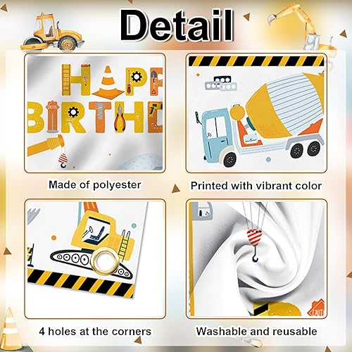 Miniatura 8 de Avezano Telón de fondo amarillo de construcción de cumpleaños con texto en inglés Happy Birthday para decoración de cumpleaños de niño de