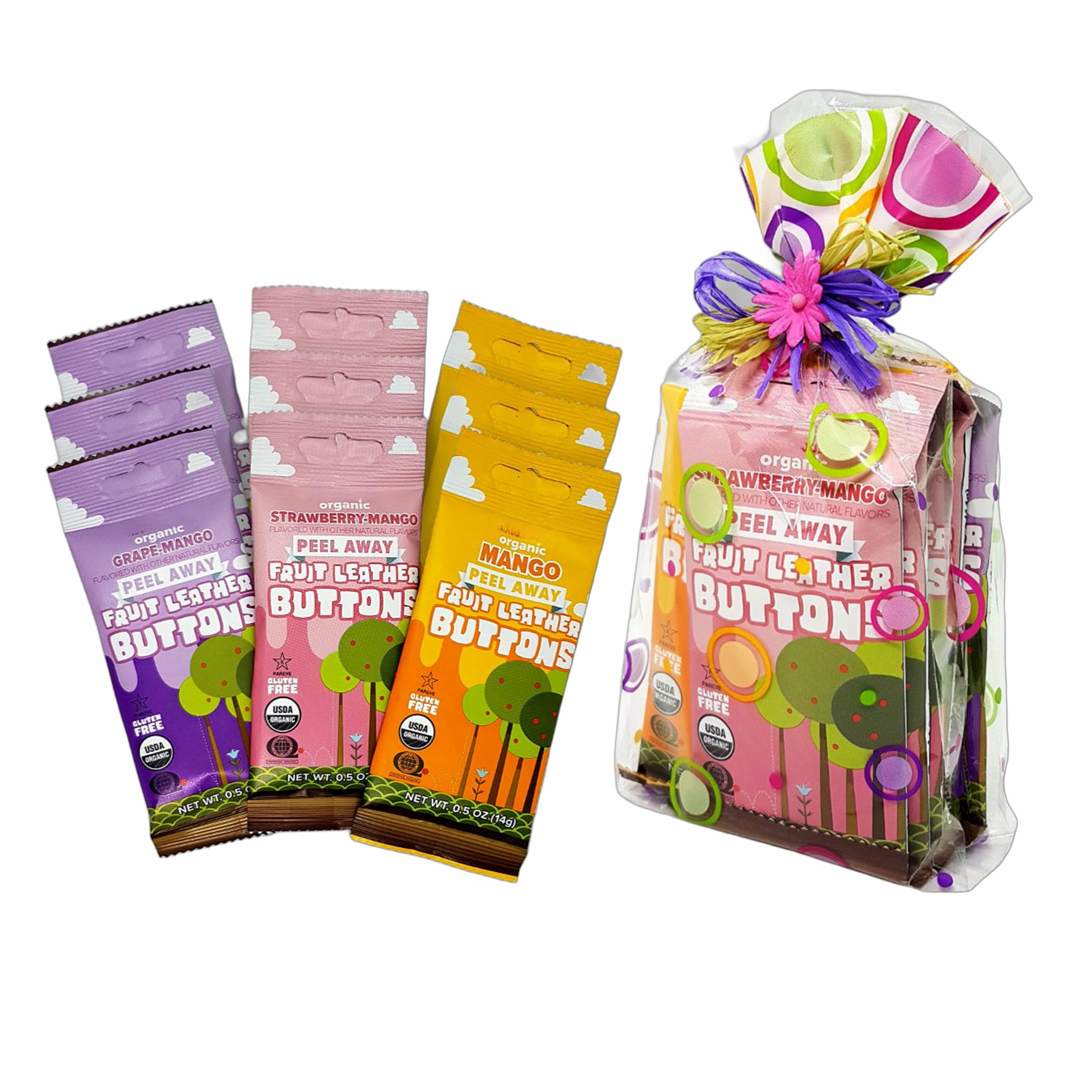 Gift Set of Trader Joe's Organic Fruit Leather Buttons Peel Away Variety Pack 3 Flavors(Mango, Strawberry-Mango, Grape-Mango) 3 Each (9-Piece Set)