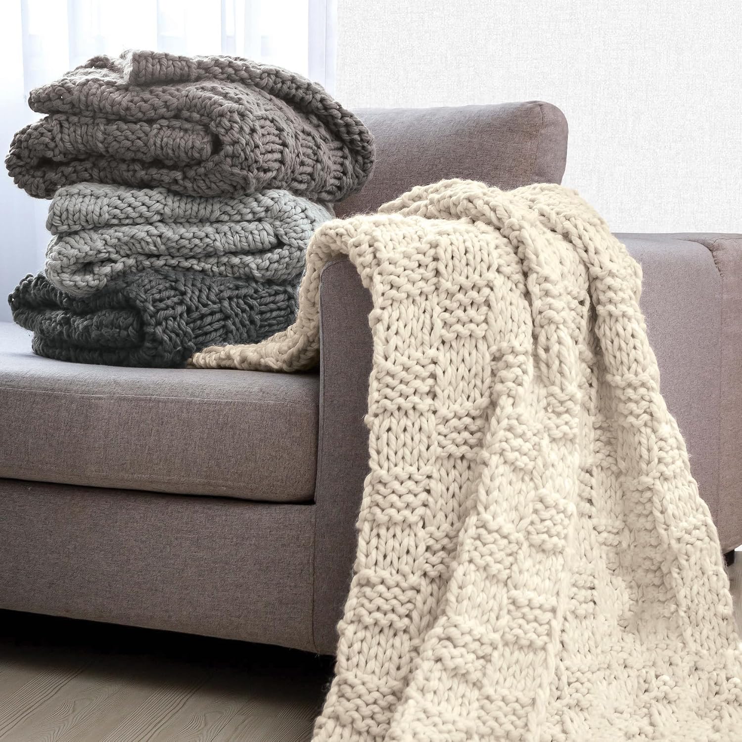 HiEnd Accents Chess Knit Throw, 50x60 inch, Gray Solid Color, Modern Farmhouse Rustic Style Soft Cozy Warm Luxury Blanket