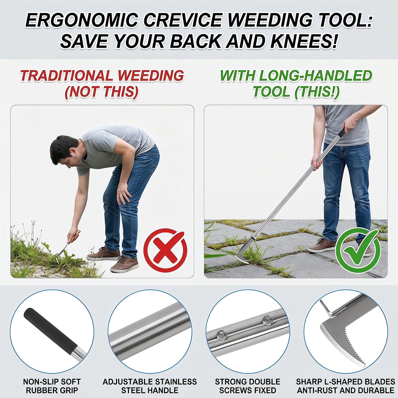 Fugenkratzer Pietre per eraseri, eliminatore di Erbacce Resistente con Impugnatura Regolabile a Tre Parti (69-138 cm) per Piastrelle, terrazze e marciapiedi, eraseri ergonomici
