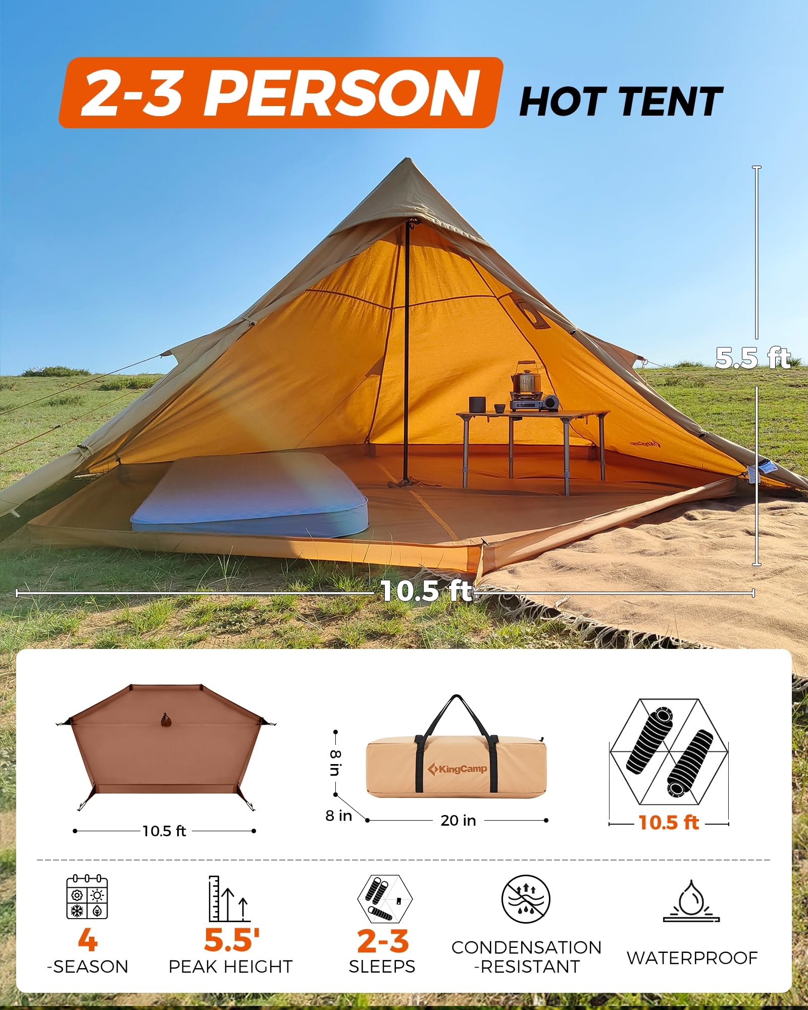 KingCamp Hot Tent, Lightweight Waterproof & Windproof Tipi Hot Tents with Stove Jack for Outdoor Camping