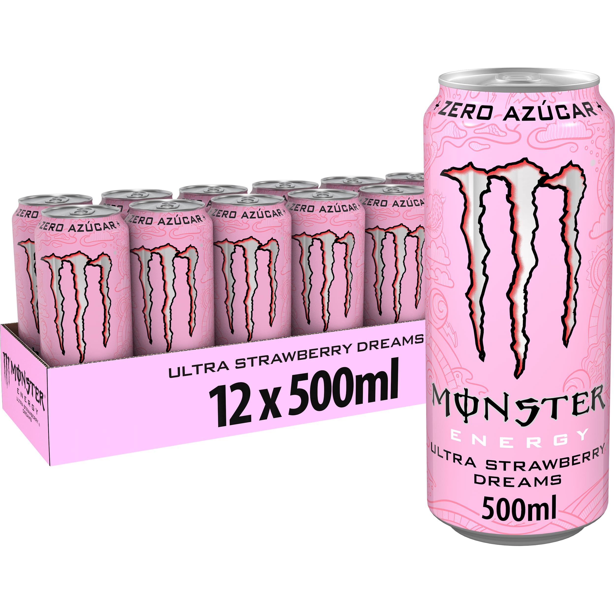 Monster Energy Ultra Strawberry, Bebida Energética Sin Azúcar- Pack 12 latas de 500 ml