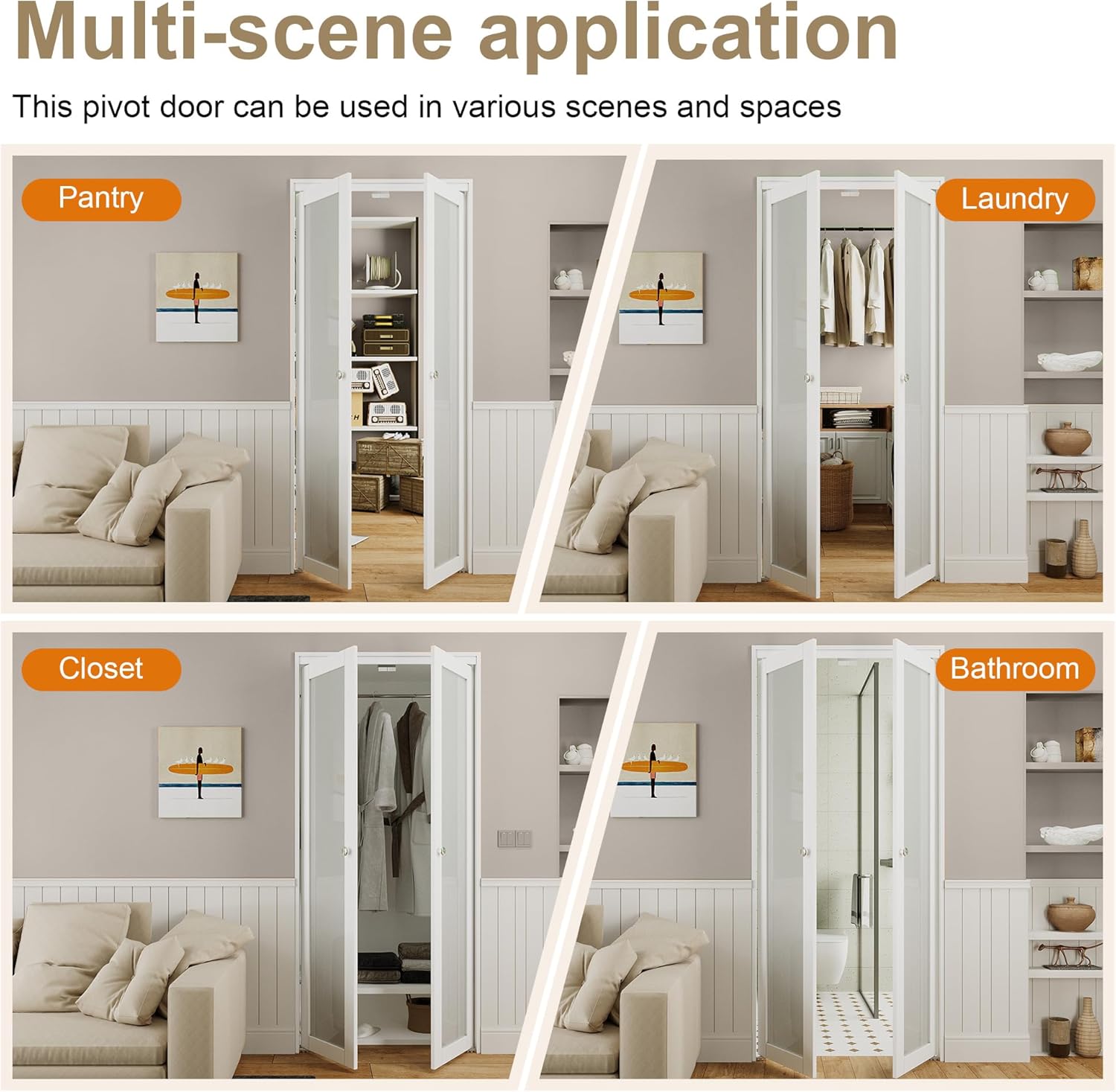 36"x80" French Pivot Door, Double Frosted Glass Panels & Hardware Kit, Interior Pantry/Laundry/Closet Door, Solid MDF Wood with Water-Proof PVC Surface French Doors, Easy Install, White