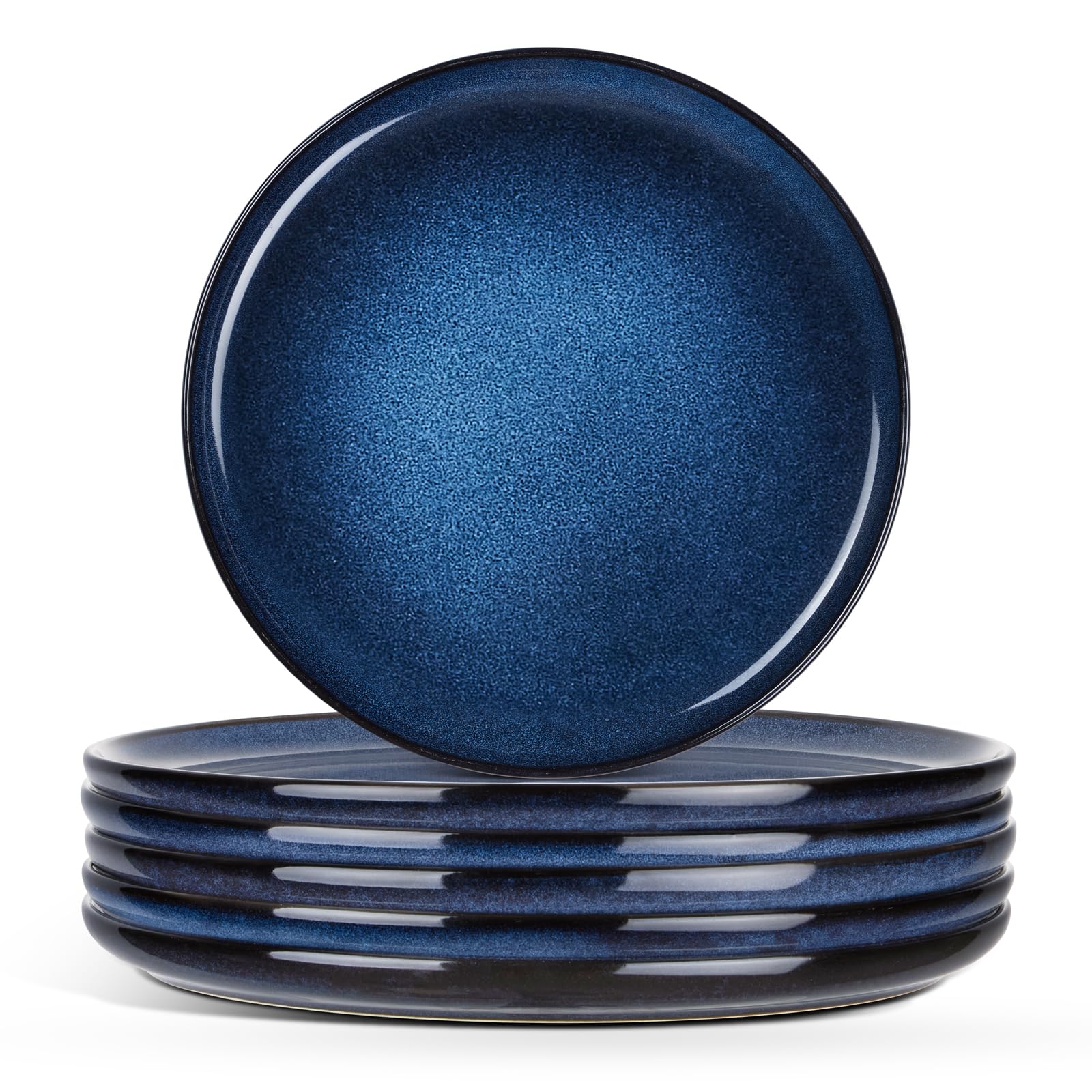 E-far 8” Ceramic Salad Plates Set of 6, Reactive Glaze Stoneware Dishes, Round Dessert Plate for Home Kitchen Restaurant, Microwave &amp; Dishwasher Safe – Deep Sea Blue