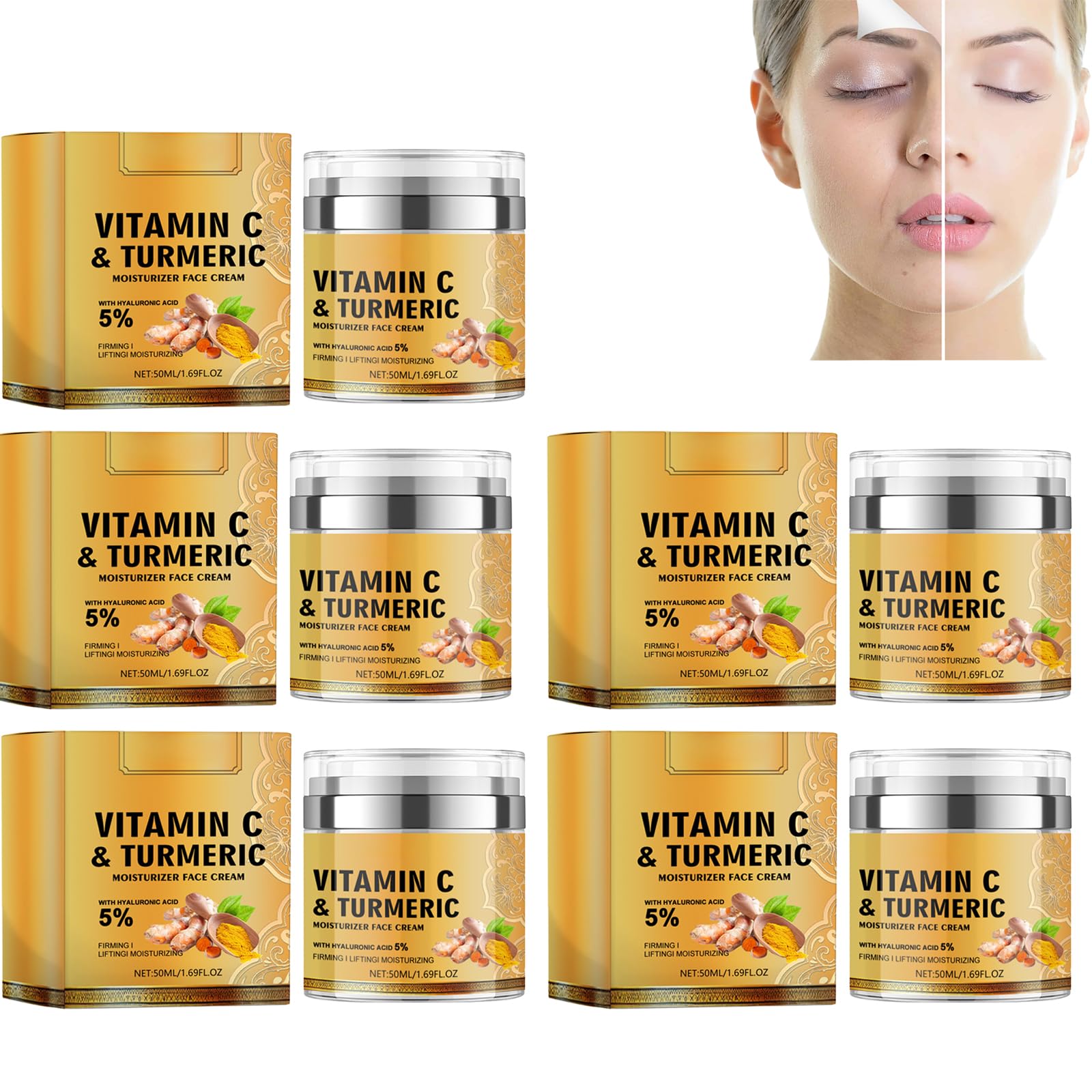 Crema viso con curcuma e vitamina C, idratante anti-invecchiamento per donna, con acido ialuronico e collagene, crema alla curcuma per macchie brune, tinta irregolare, rughe sottili, cura quotidiana