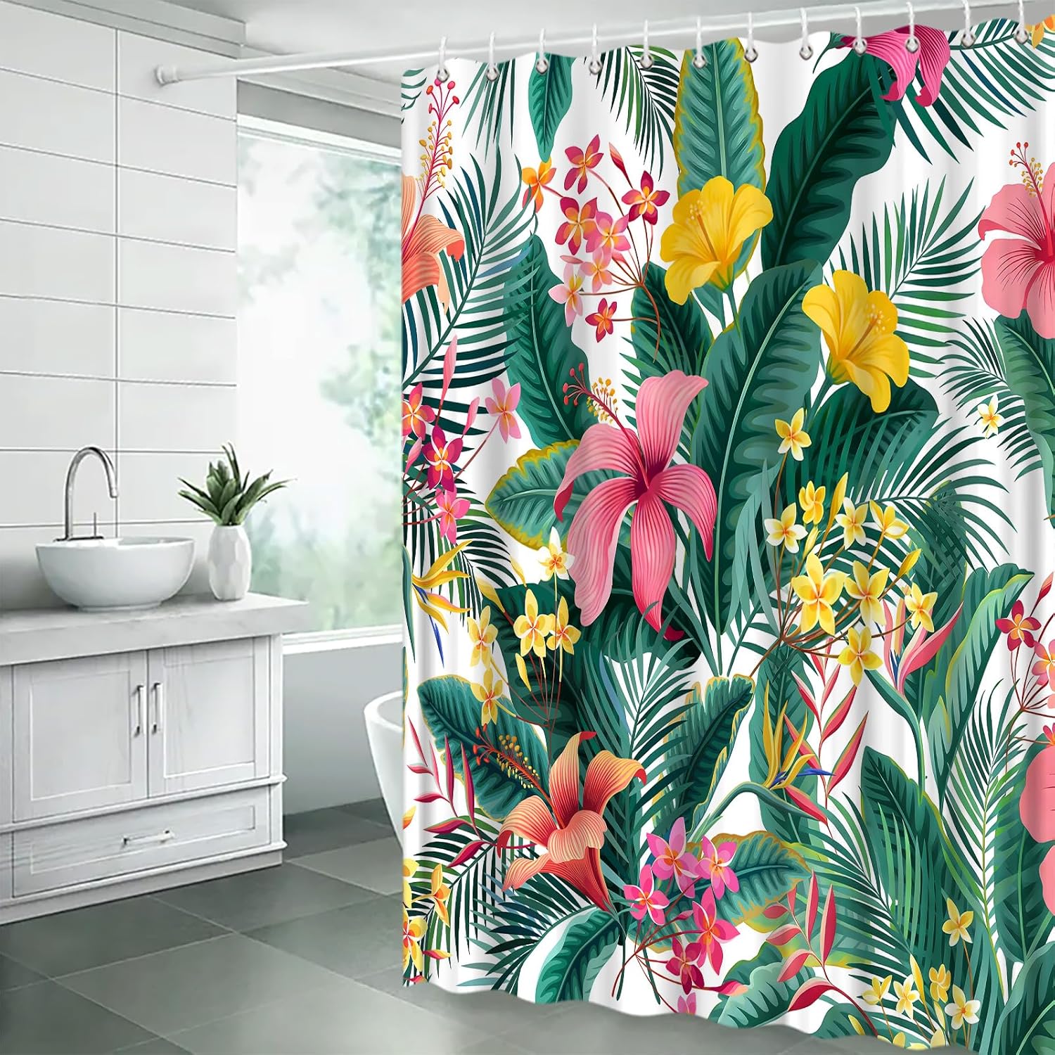 Tropical Plant Floral Shower Curtain Green Palm Banana Leaf Pink Flowers Botanical Jungle Nature Bathroom Decor Fabric Curtain with Hooks,70" WX96 H