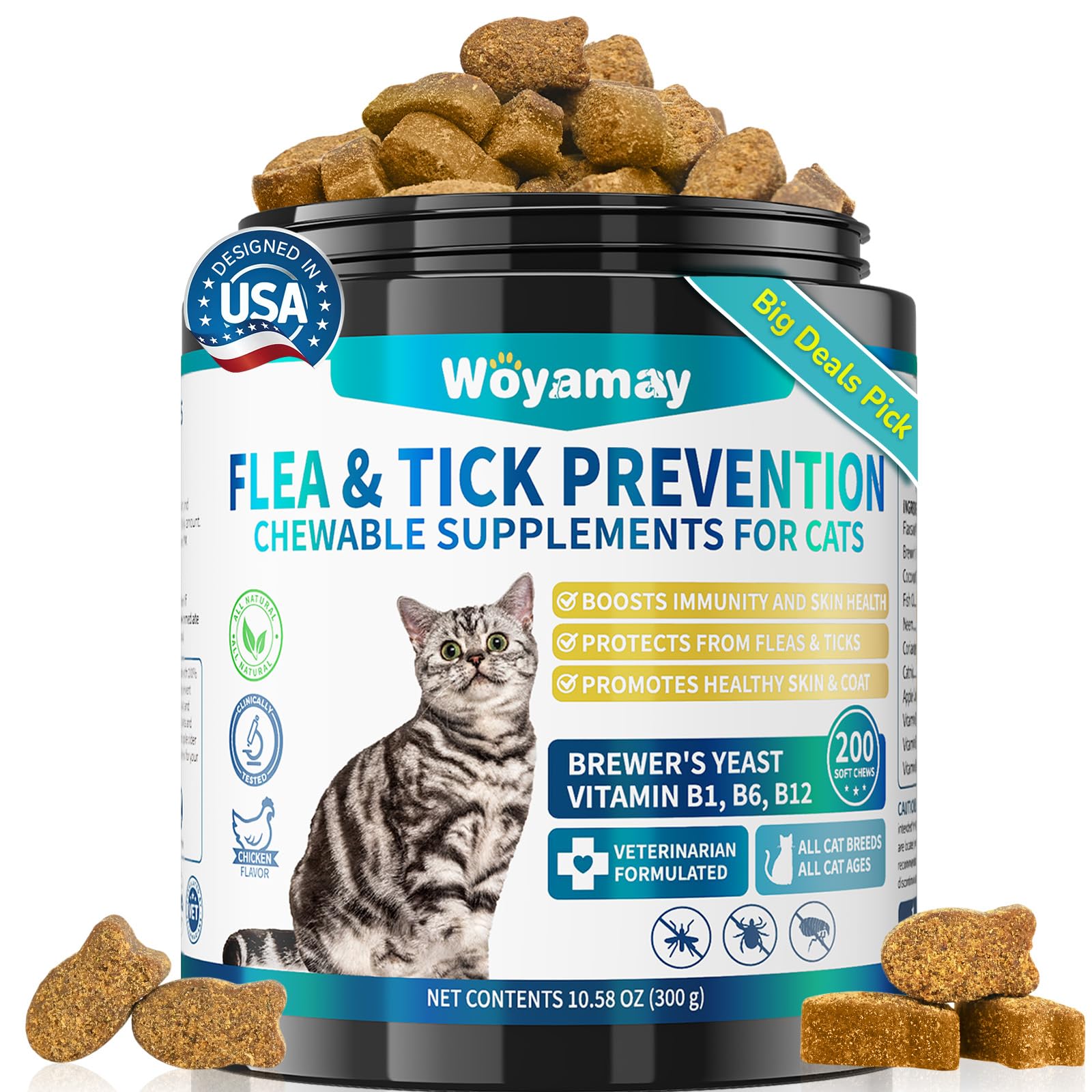 Flea Treatment for Cats, 200 Treats Flea and Tick Prevention for Cats Chewables, Natural Cat Flea and Tick Treatment Chews Daily Oral Flea Supplement, Kitten Cat Flea Treatment, Chicken Flavor