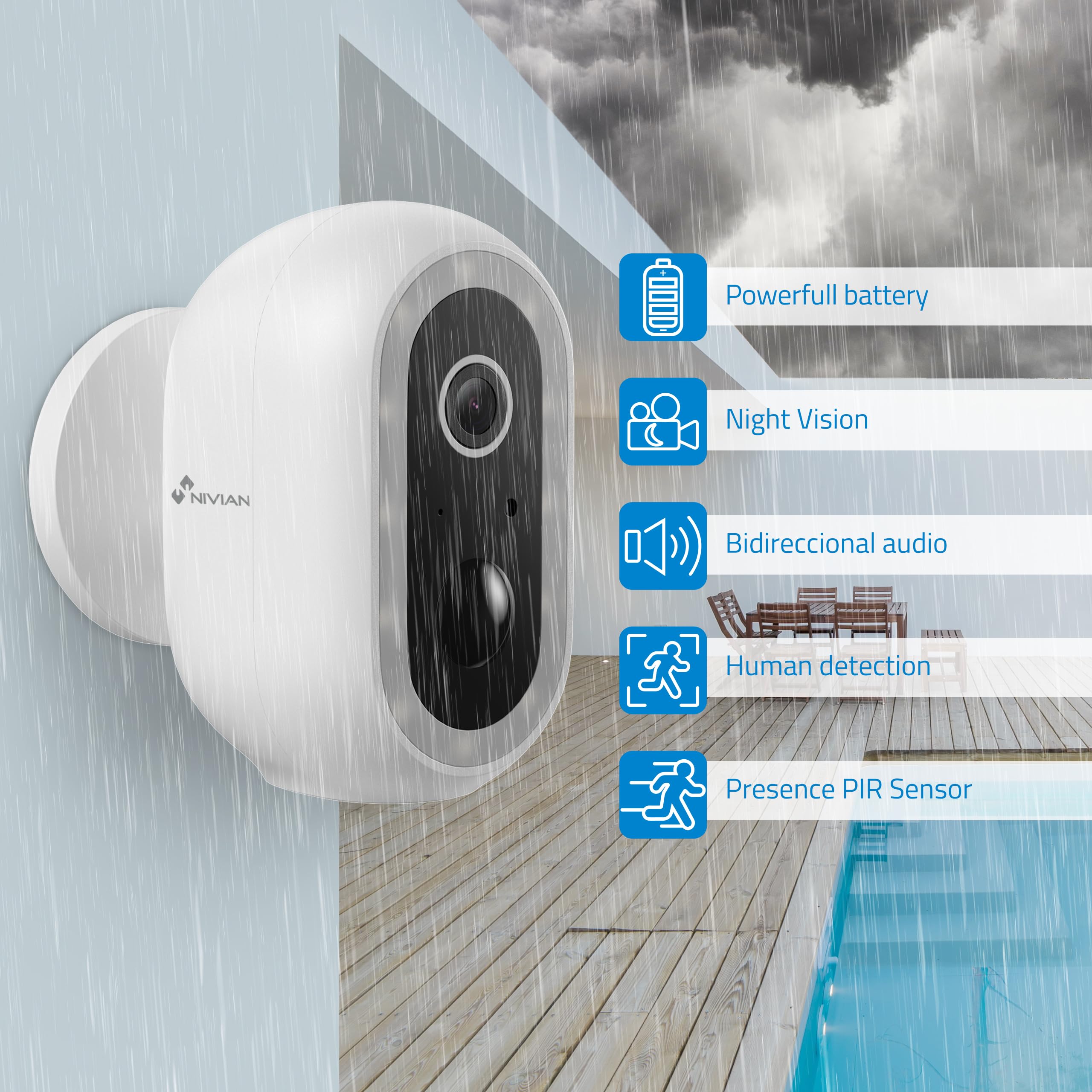 NIVIAN Cámara Vigilancia WiFi Exterior 2K con Batería | Cámara Seguridad PIR con Detección Humana, Visión Nocturna Color, Audio Bidireccional, Sirena y LED, App Smart 04-Bat