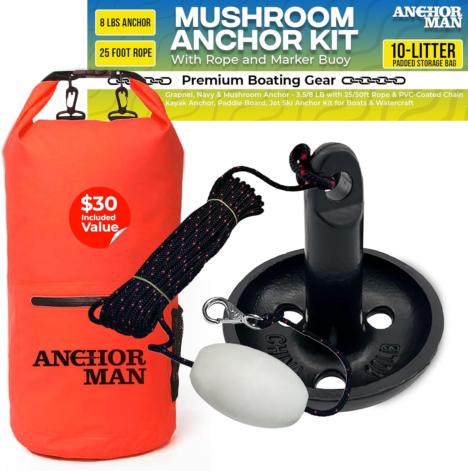Anchor-Man 8 LB Folding Kayak Complete Grapnel Anchor - 10L Storage Kayak Anchor - Mushroom Anchor, Jet Ski Anchor Kit with 25 Feet Rope | Ideal for Boats, Paddle Board Anchor and Fishing
