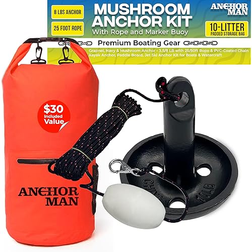Anchor-Man 8 LB Folding Kayak Complete Grapnel Anchor - 10L Storage Kayak Anchor - Mushroom Anchor, Jet Ski Anchor Kit with 25 Feet Rope | Ideal for Boats, Paddle Board Anchor and Fishing