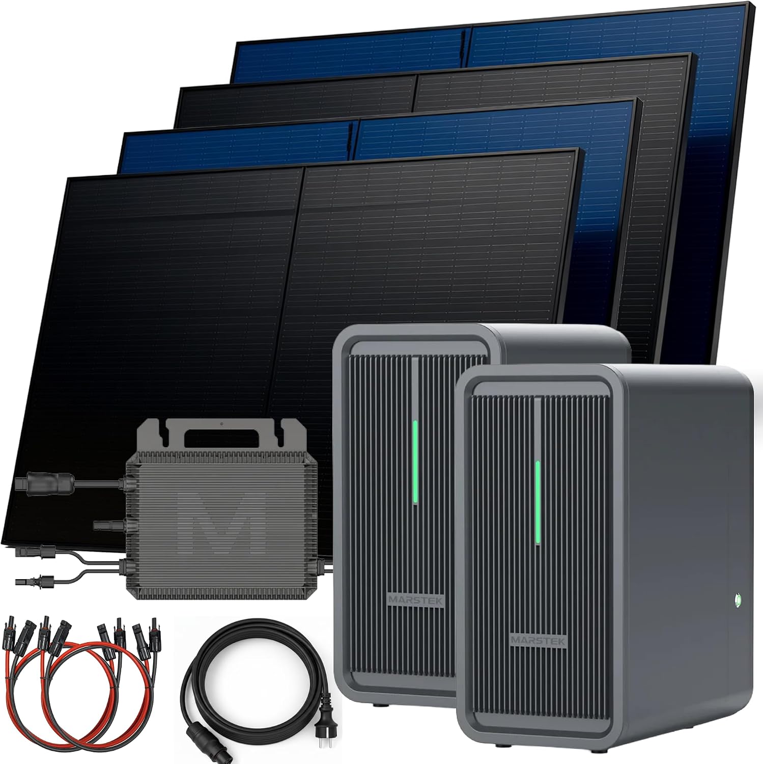 SUNNIVA® 2000W Balkonkraftwerk mit 4.48 kWh Speicher MARSTEK 2x B2500-D, BIFAZIAL FULLBLACK komplett Steckdose, PV Solaranlage Komplettset mit Solarspeicher, 4x 500W N-Type Glas Bifacial Module