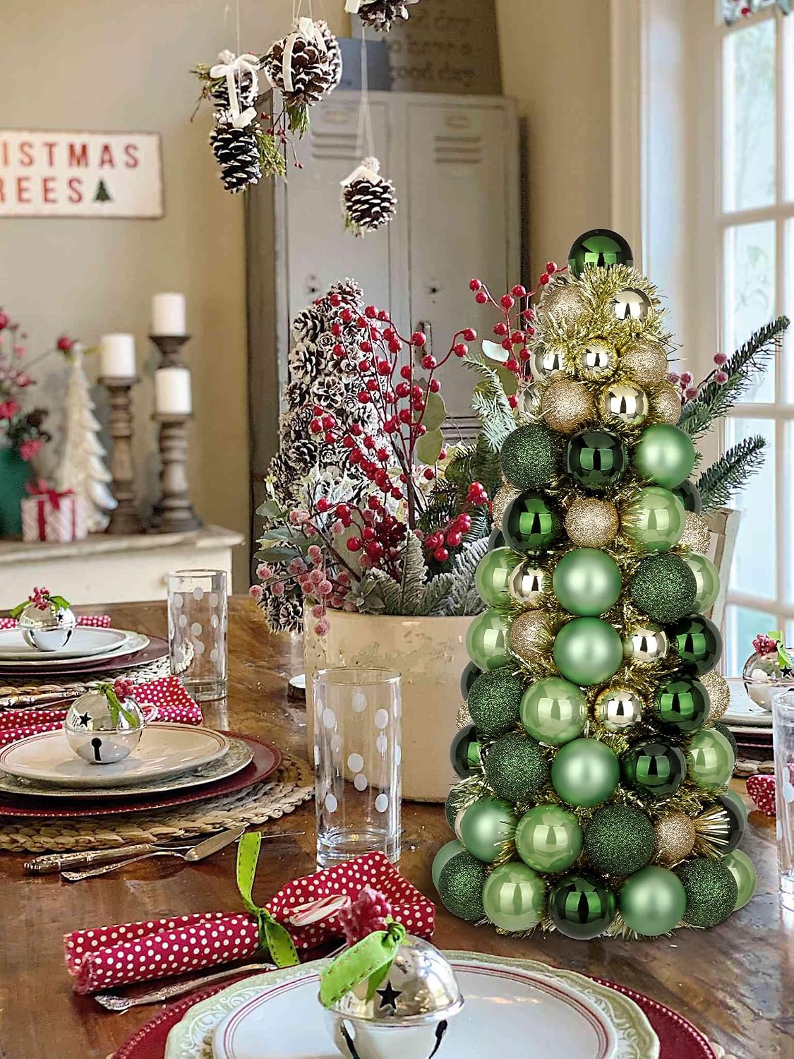 16" Tabletop Christmas Tree Small Green Gold Christmas Tree Decorations with 94 Shatterproof Ornaments Balls Christmas Centerpiece Mini Cone Xmas Tree for Holiday Party Wedding Table Desk Mantel Decor