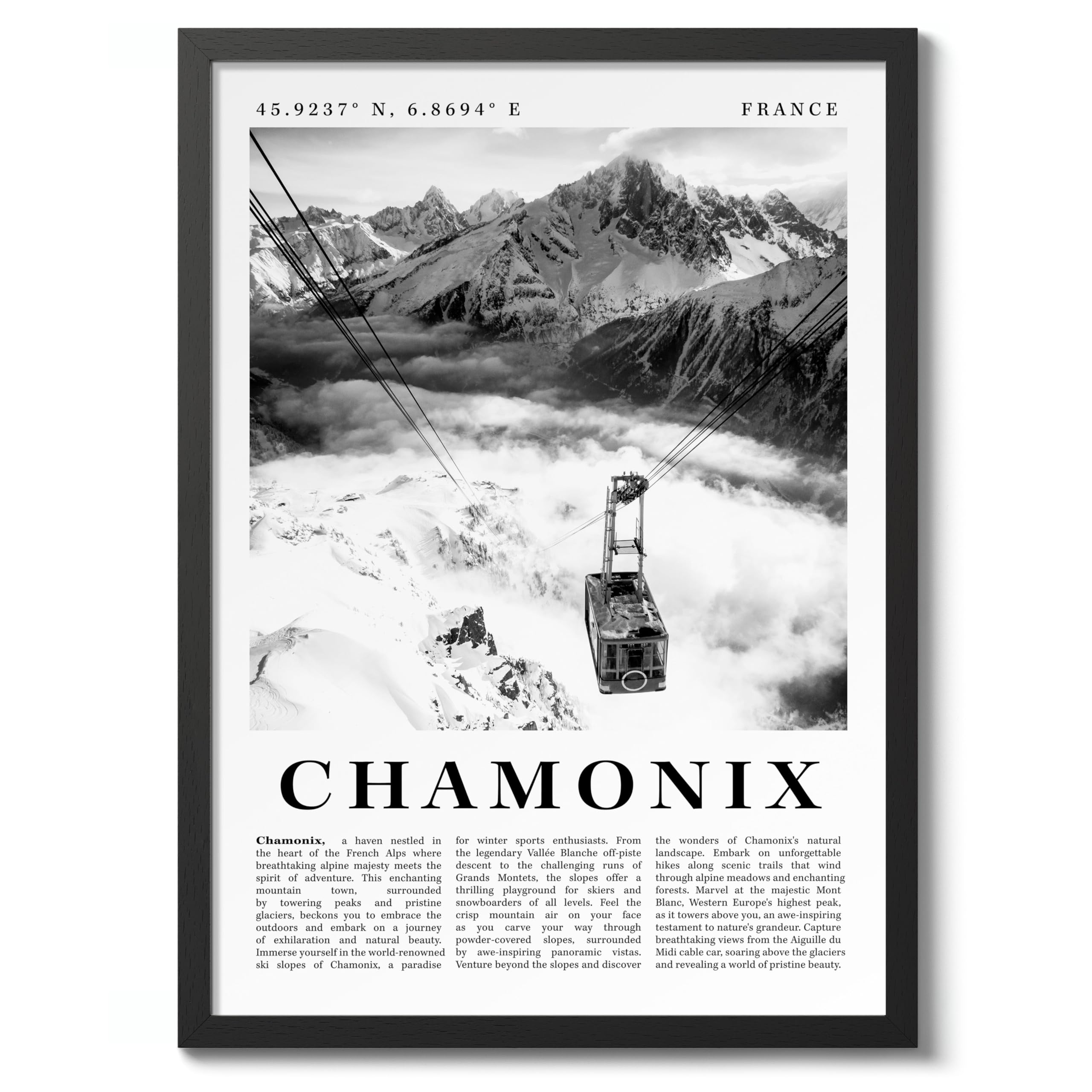 Chamonix - France Travel Poster, Black & White Print, City Landmark. Modern Home Wall Decor For Living Room Bedroom, Archival Matte, A2 (Black Frame) - 59.4x42cm โ image 1