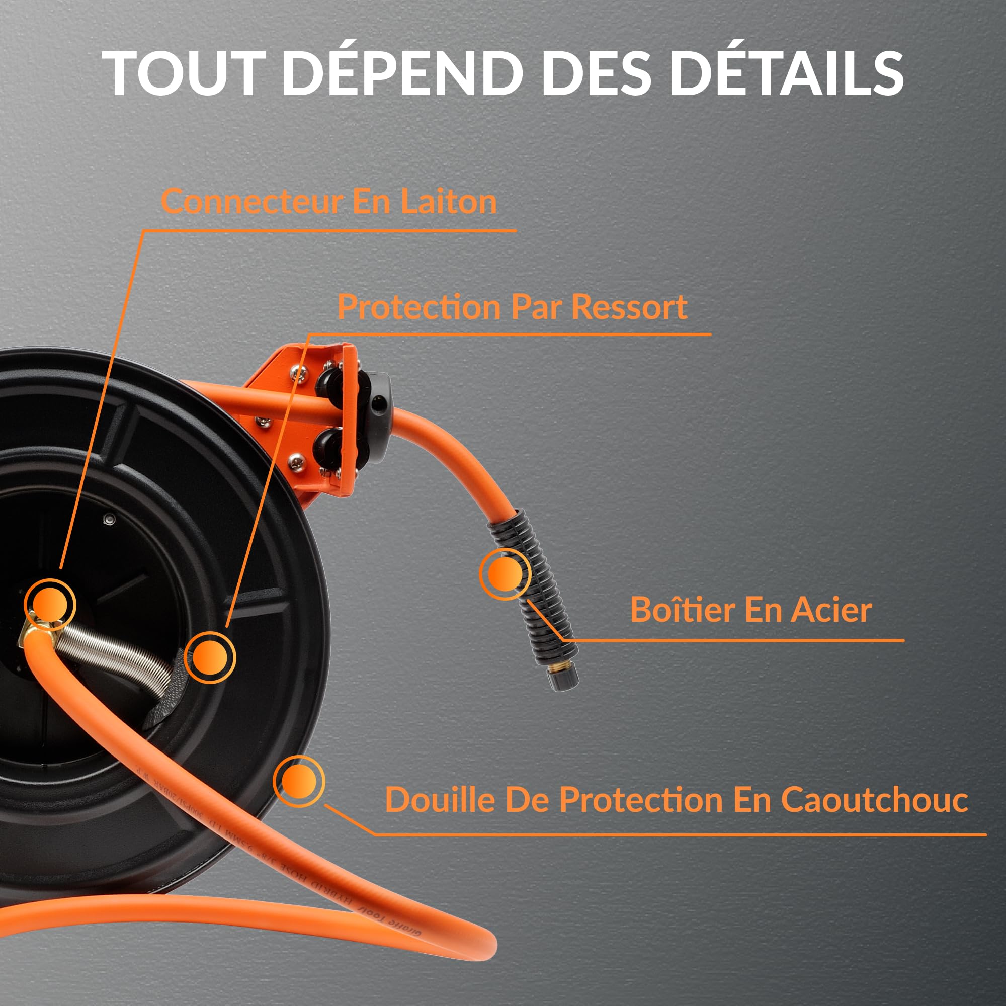 Giraffe Tools Enrouleur Tuyau Air Comprimé 15m+1m, Mural Enrouleur de Tuyau d'Air Comprimé avec tuyau air hybride 3/8", 20Bar/300PSI, Rétractation Automatique, Raccord en Laiton 1/4"