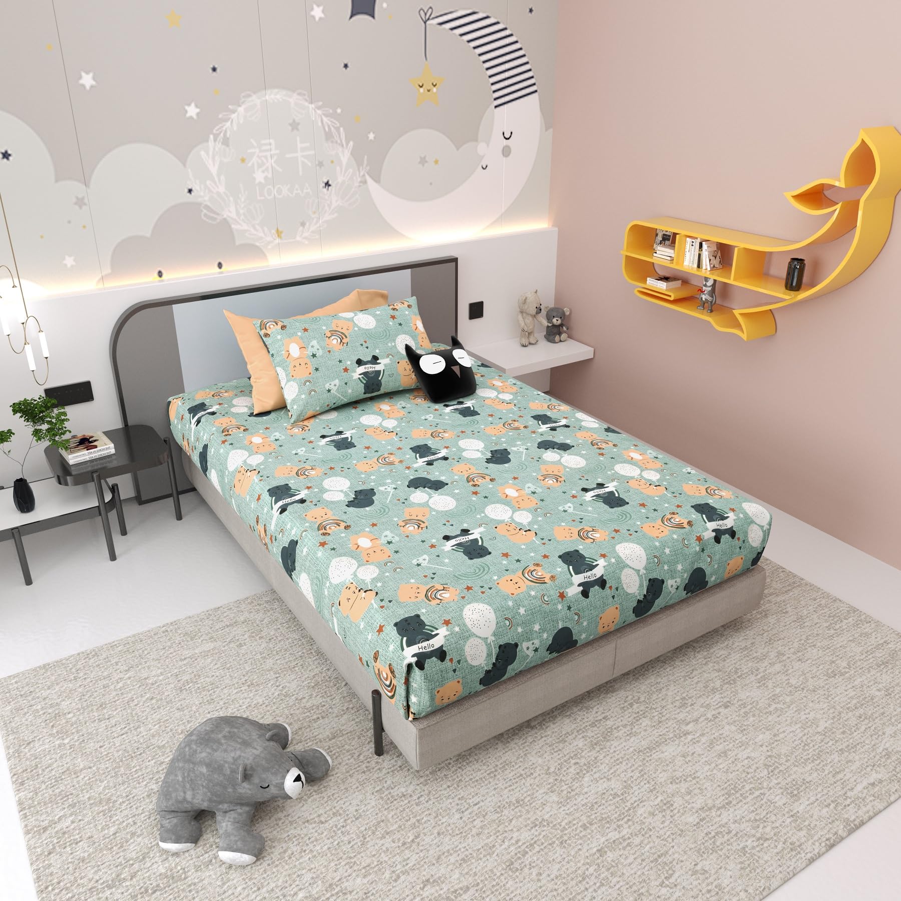 Jinaya's Cartoon Printed Pure Cotton 300 TC Single Bedsheet with 1 Pillow Cover, (60"x90" Inches), Pack of 1-picture-37