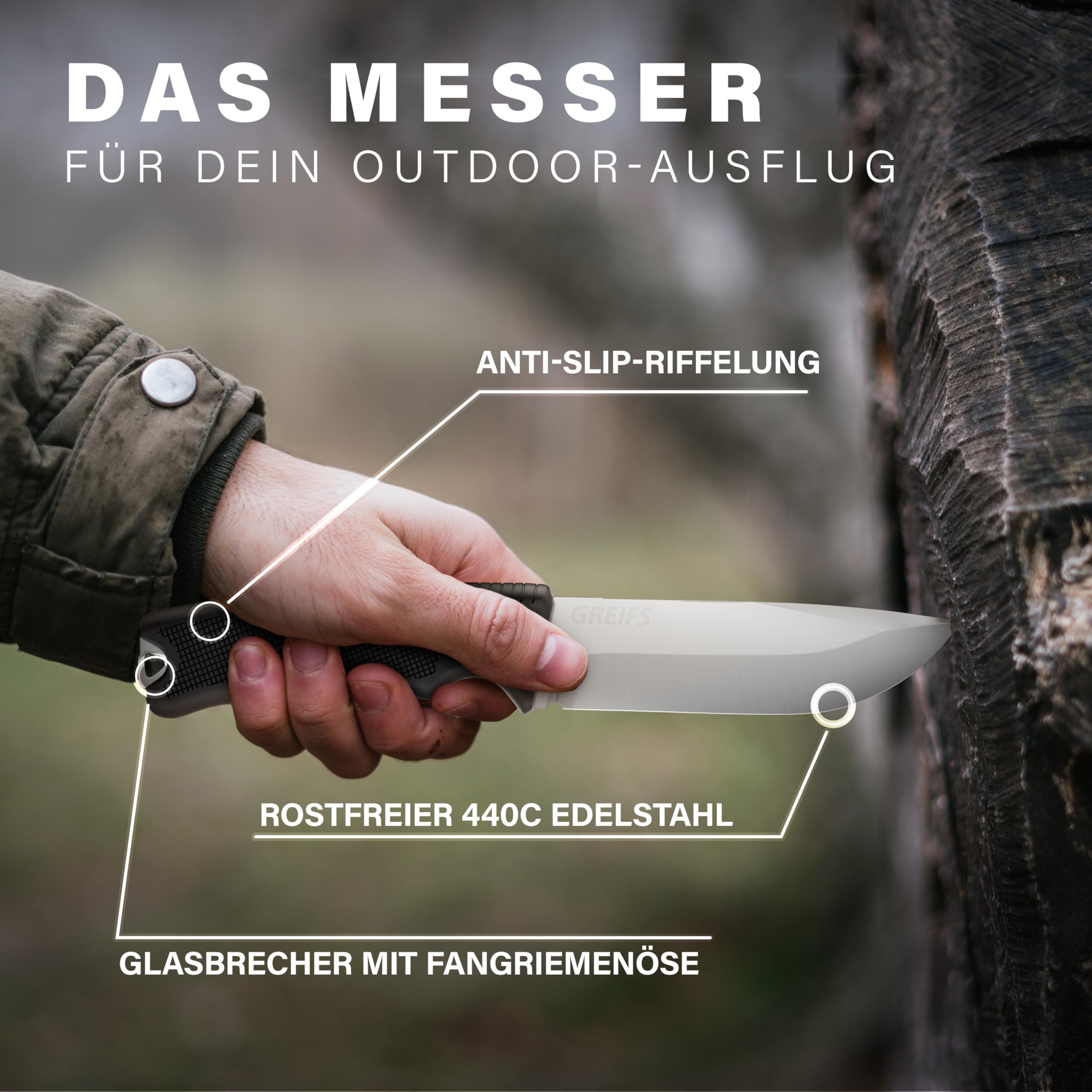 GREIFS® Outdoor-Messer G-Serie aus 440C Stahl mit Holster & Dangler, edles Survival Messer für die Bushcraft Ausrüstung, Jagdmesser, Schnitzmesser, Angelmesser (G7/Silber)